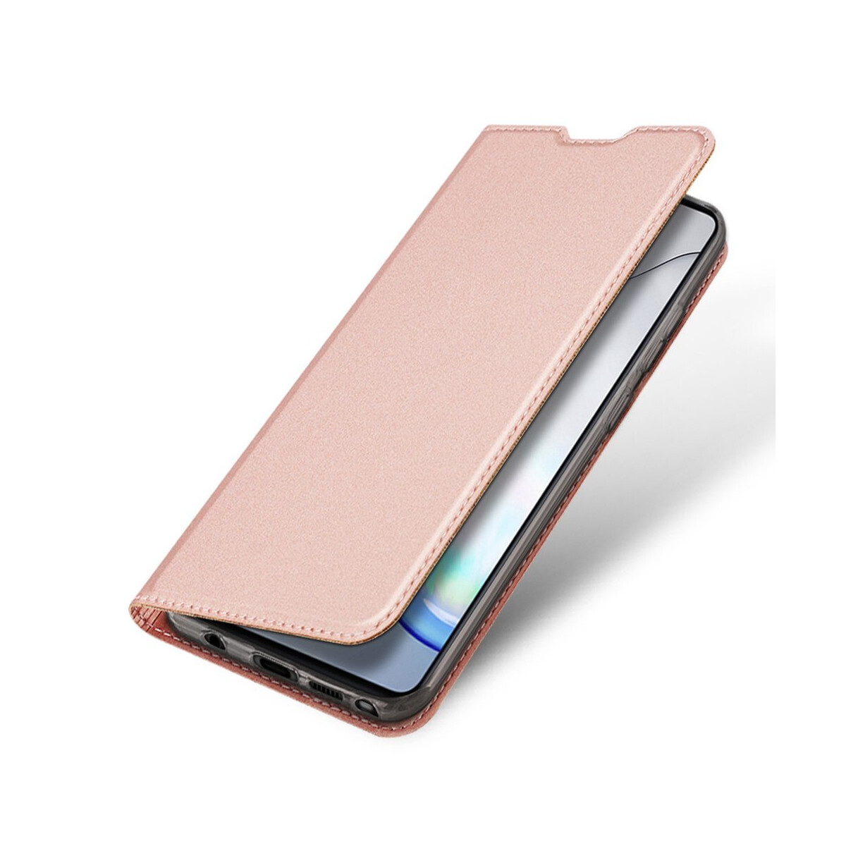 Custodia rosa per telefono, aperta, che mostra un telefono. La custodia è su sfondo bianco.