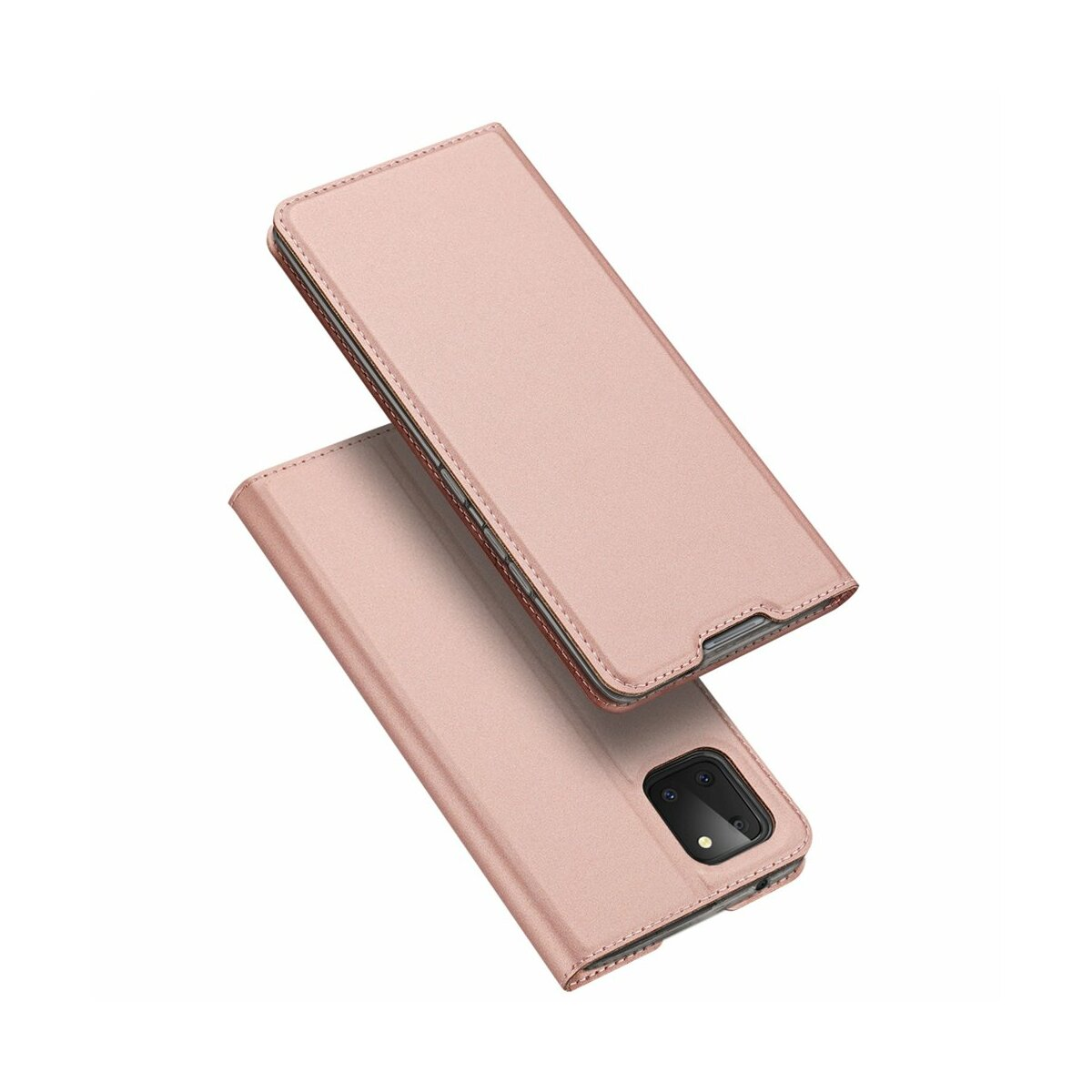 Custodia per telefono oro rosa. Custodia aperta che mostra la fotocamera del telefono. Sfondo bianco. Materiale simile alla pelle.