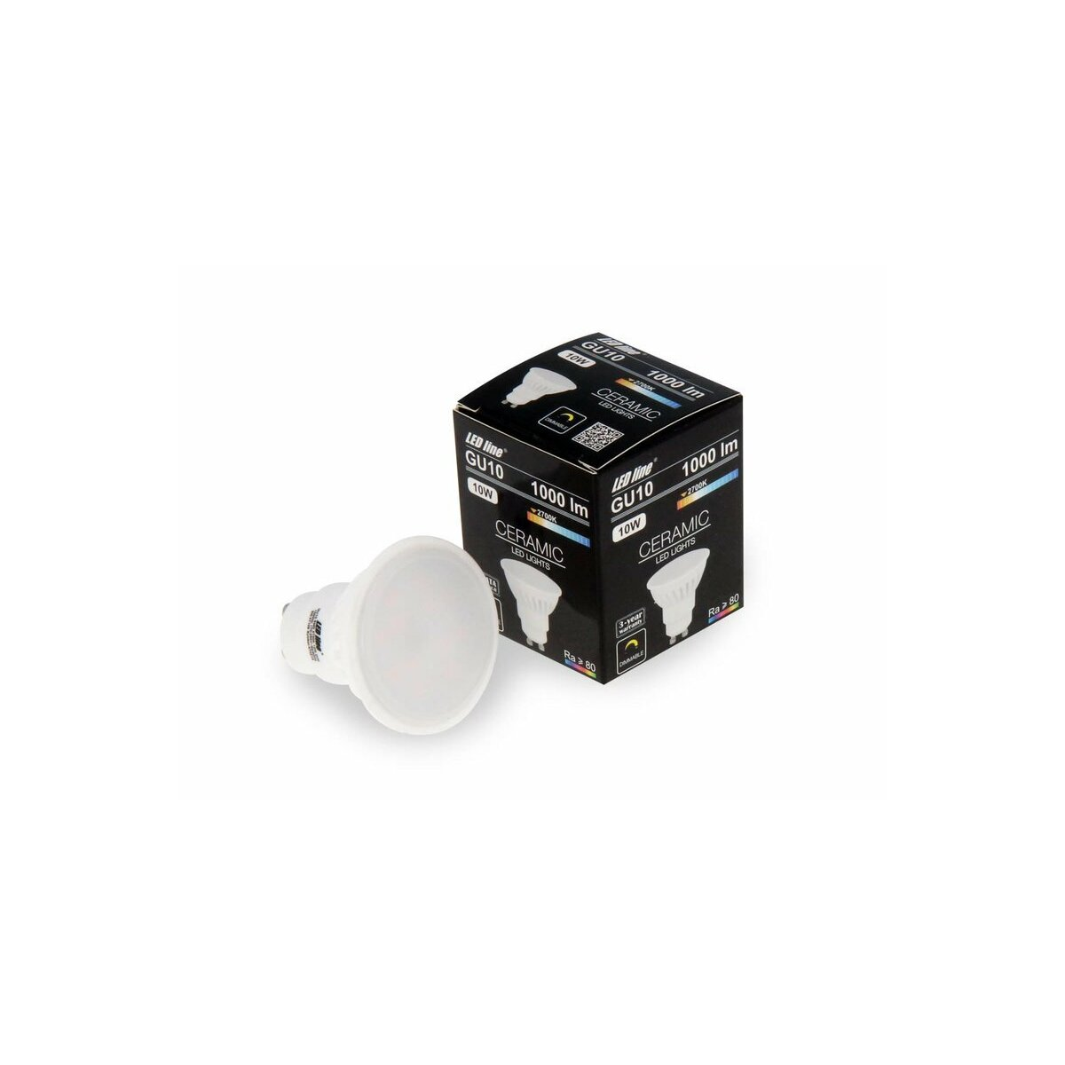 Eine weiße LED-Glühbirne und ihre Verpackung. Die Verpackung trägt den Markennamen, Produktdetails und Spezifikationen.