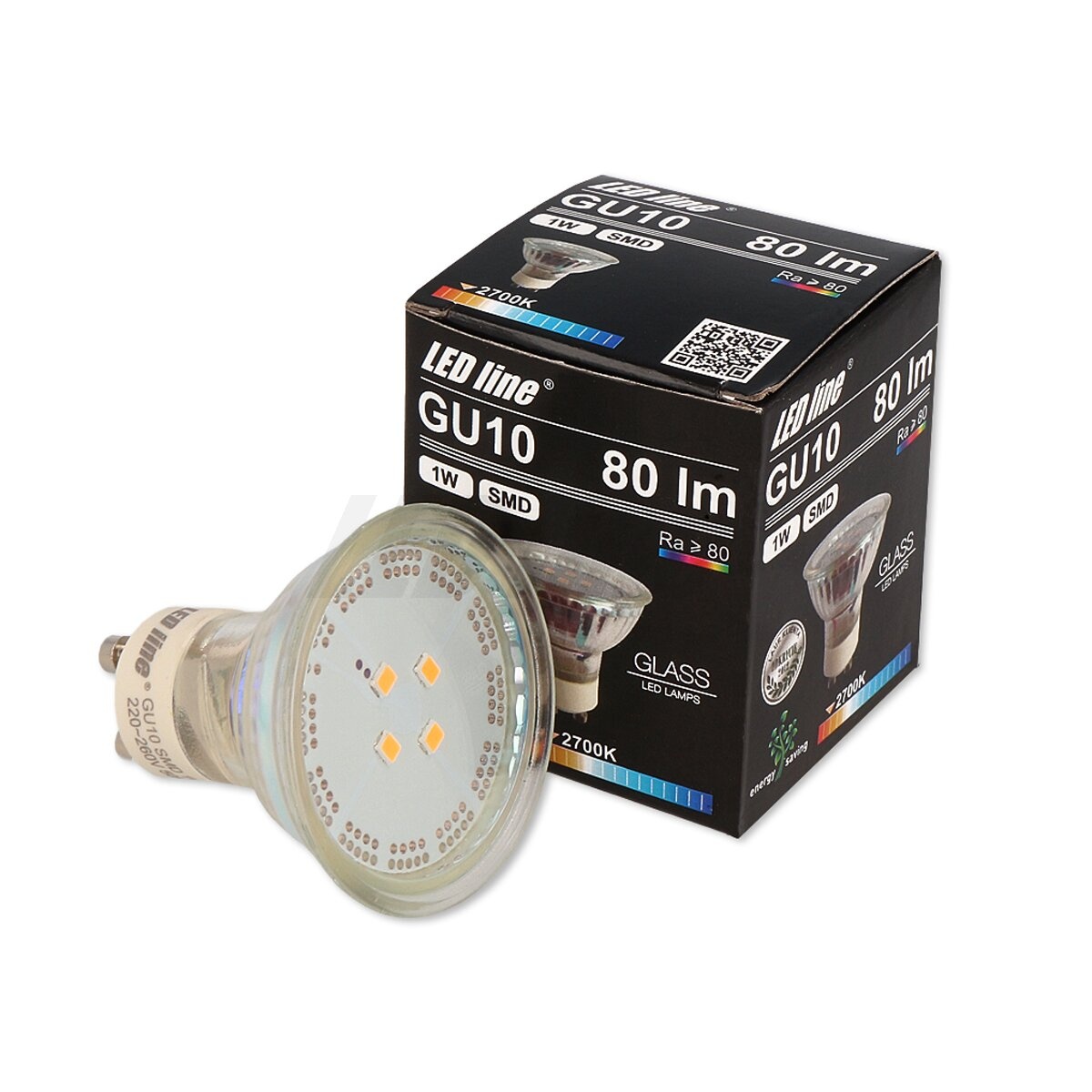 Eine GU10 LED-Glühbirne neben einer Box mit 1W SMD.