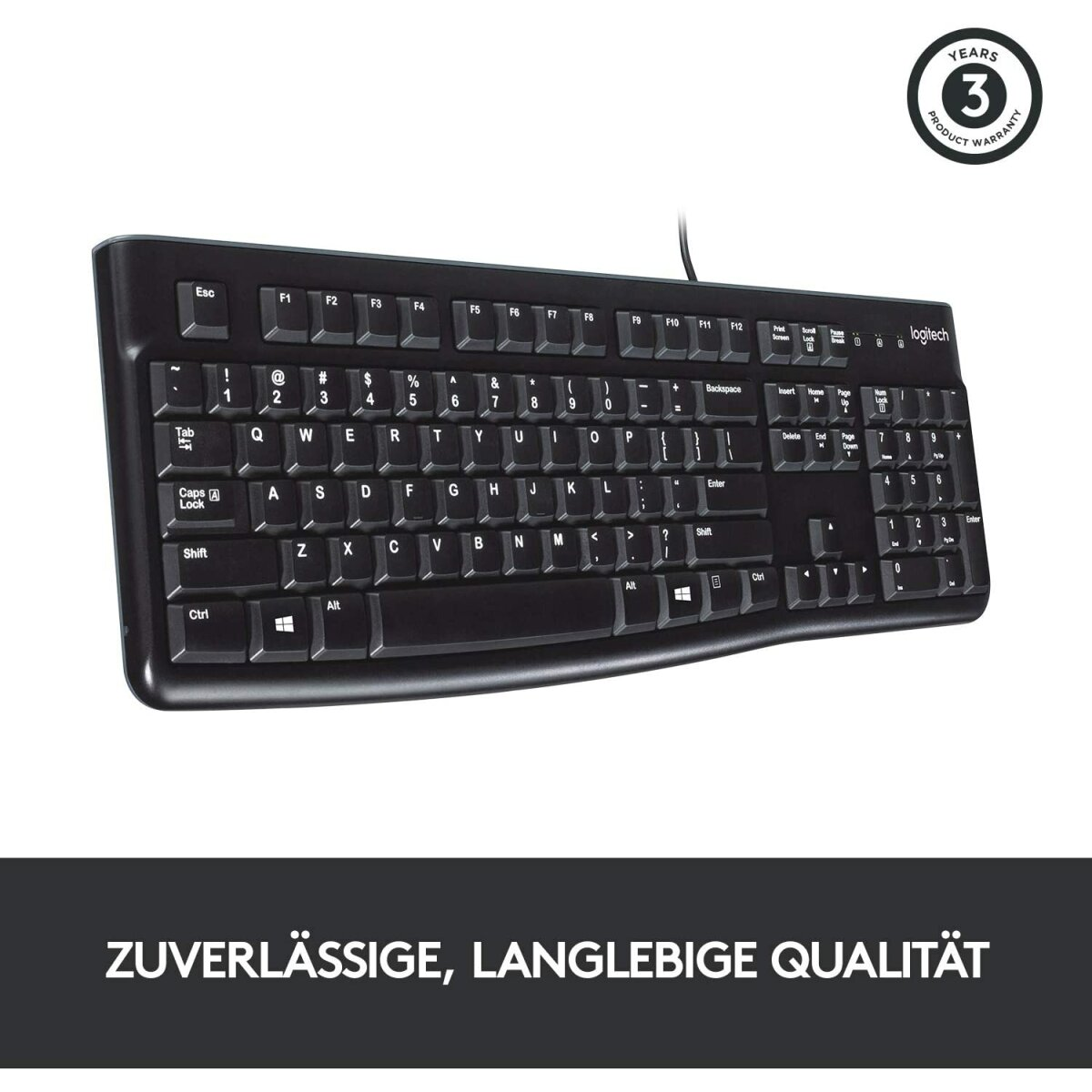 Czarna klawiatura Logitech z białym tekstem. Produkt posiada 3-letnią gwarancję.