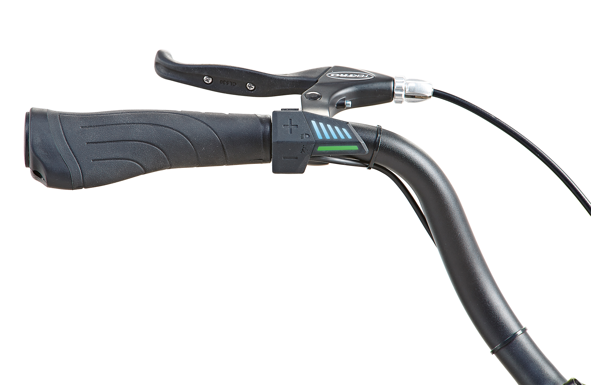 Nahaufnahme eines Fahrradlenkers. Enthält einen schwarzen Bremshebel, einen schwarzen Griff und ein Display mit blauen Lichtern.