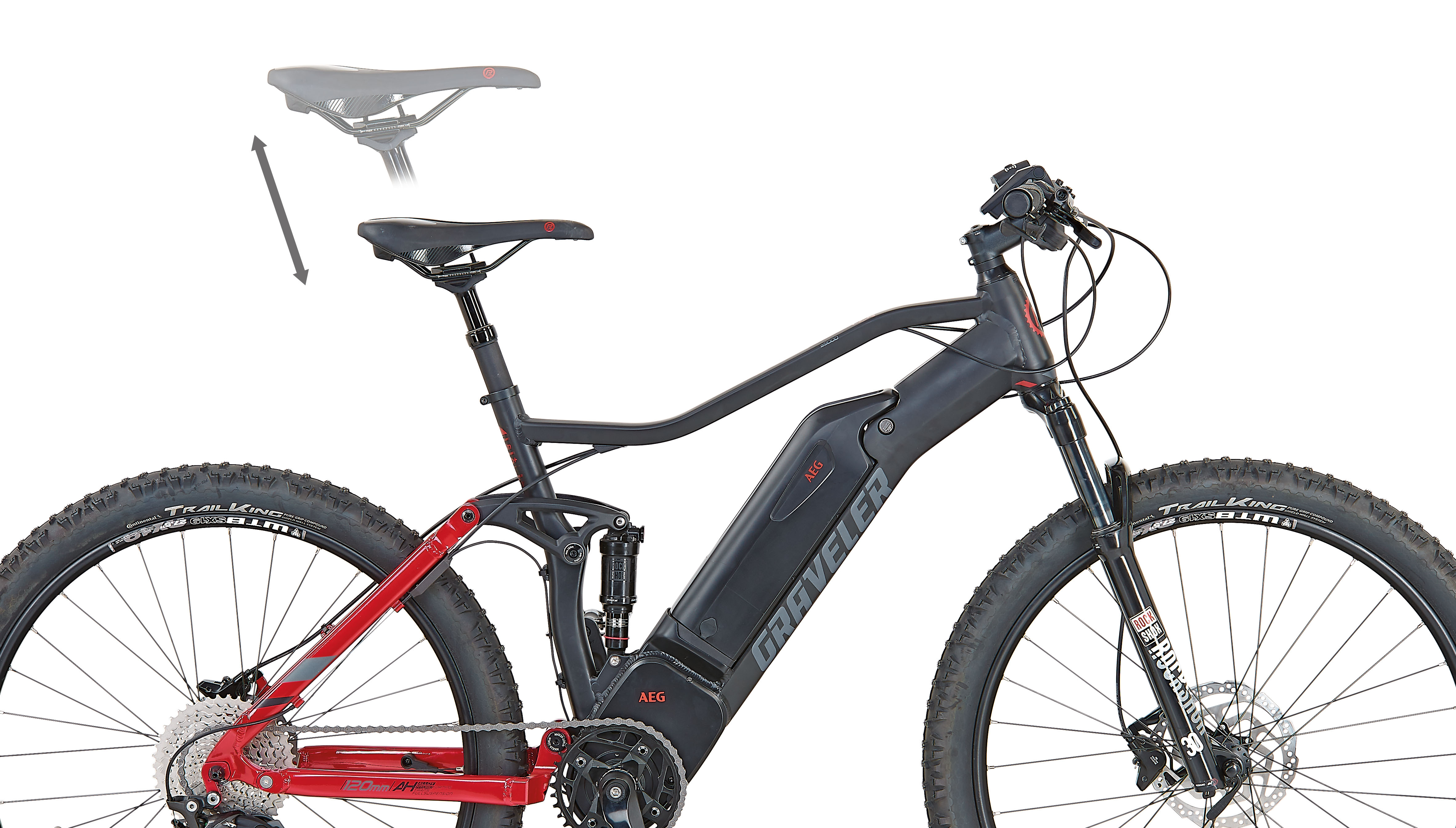 Ein schwarzes und rotes E-Mountainbike mit Federung und AEG-Akku.