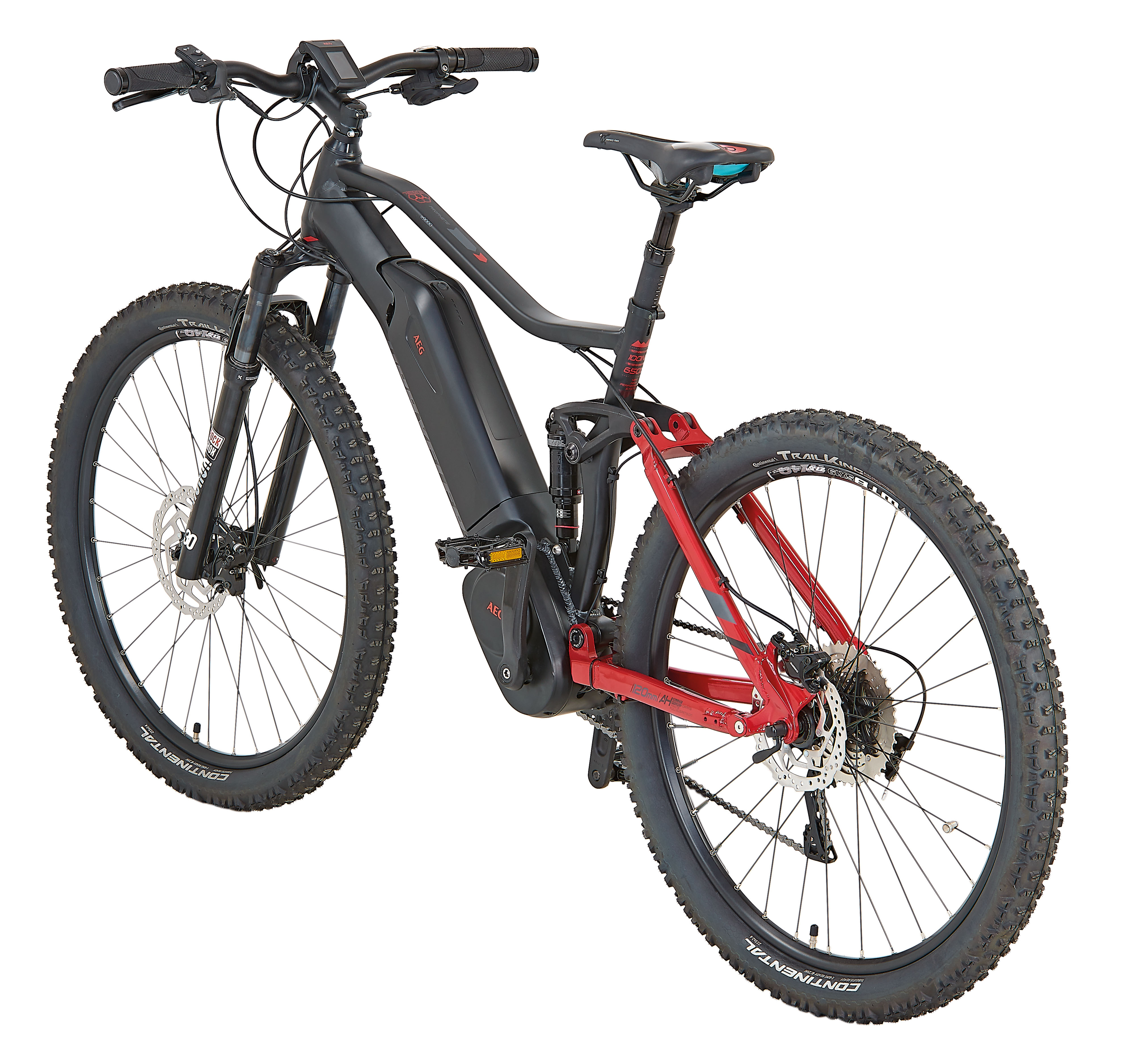 Schwarzes E-Bike mit roten Akzenten, dicken Reifen und Federung.