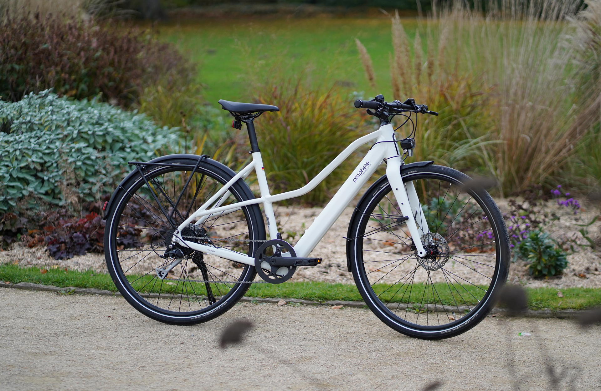 Ein weißes Elektrofahrrad steht auf einem Kiesweg, umgeben von Grünpflanzen und Gräsern.