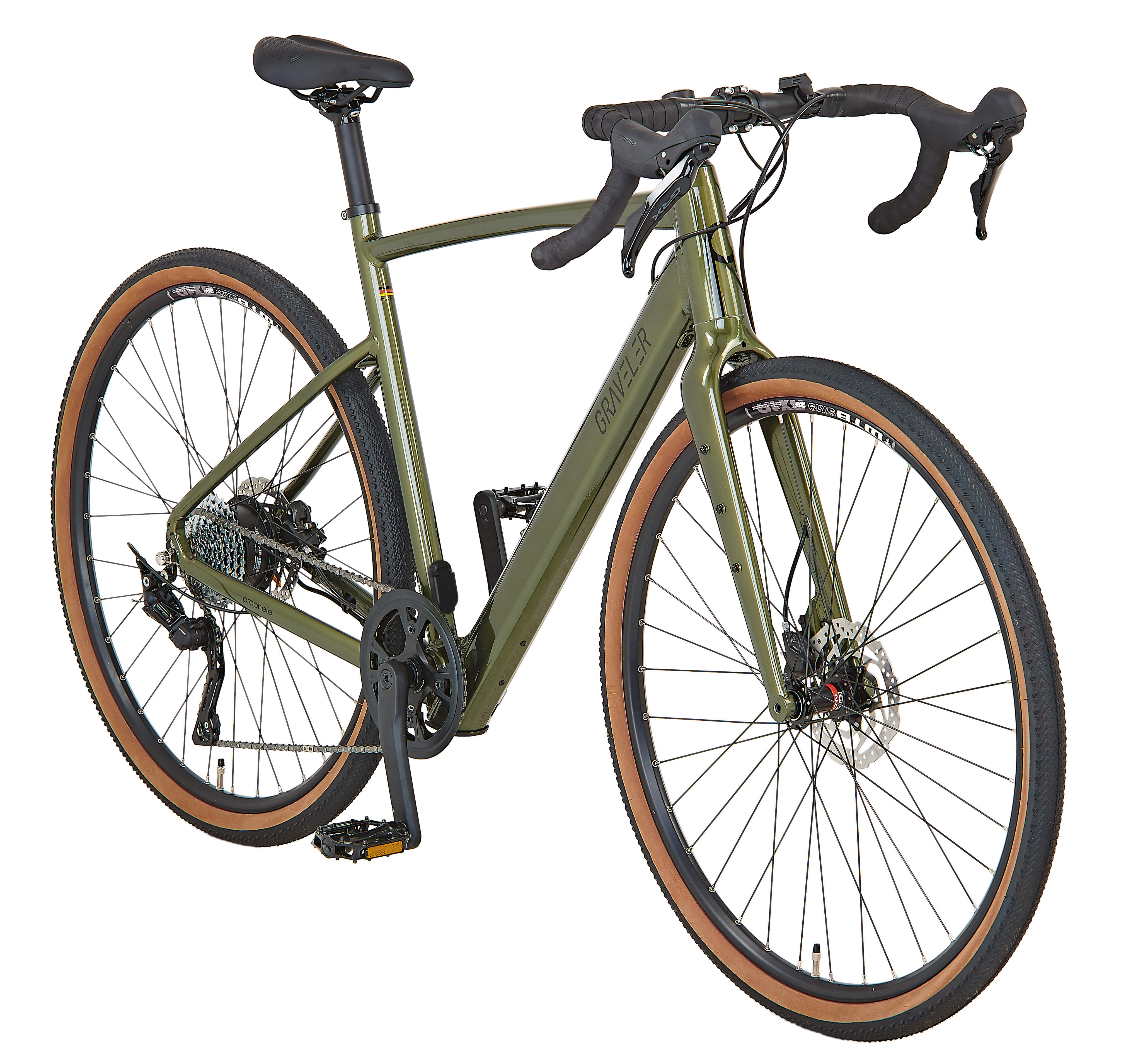Ein olivgrünes Gravelbike mit braunen Reifen, schwarzem Sattel und Lenker.