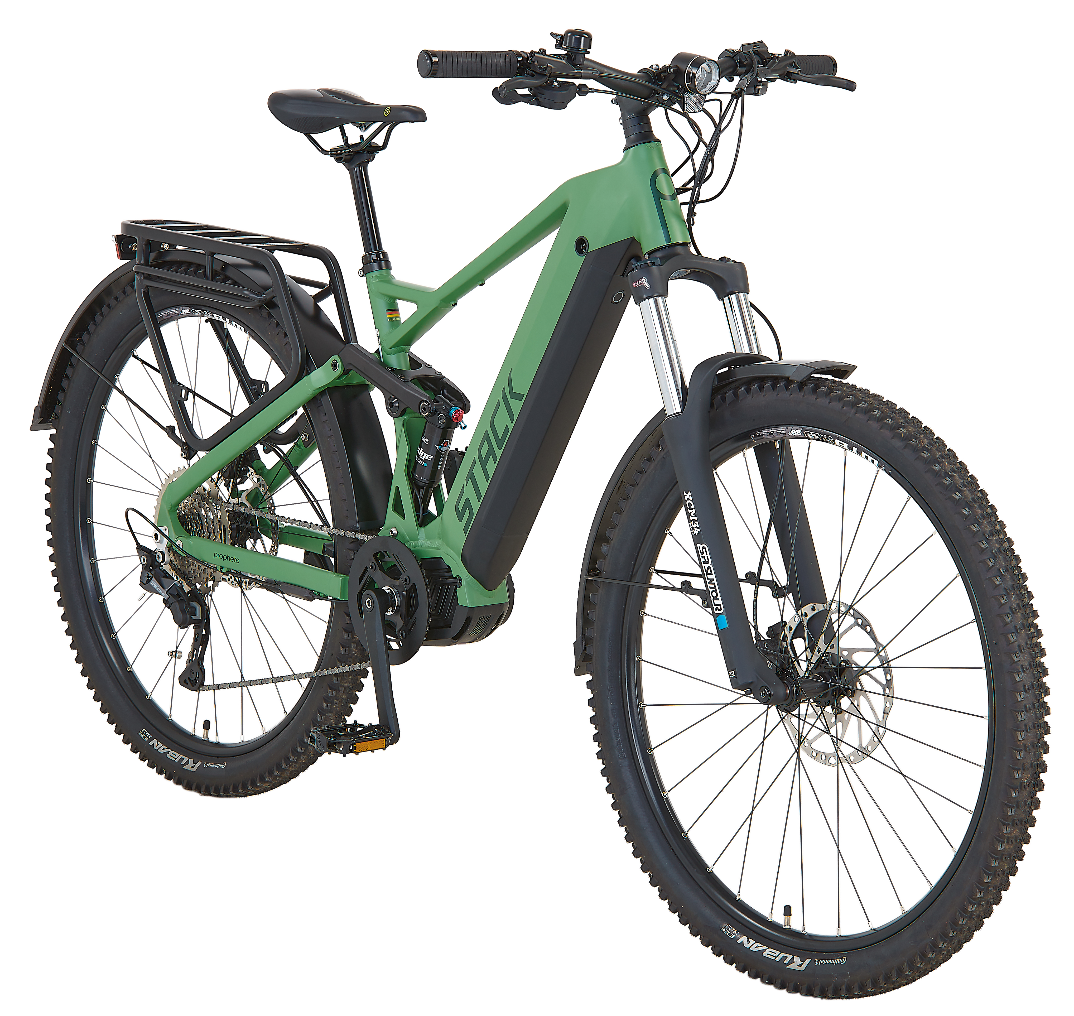 Grünes E-Bike mit Federung, Gepäckträger und dicken Reifen.