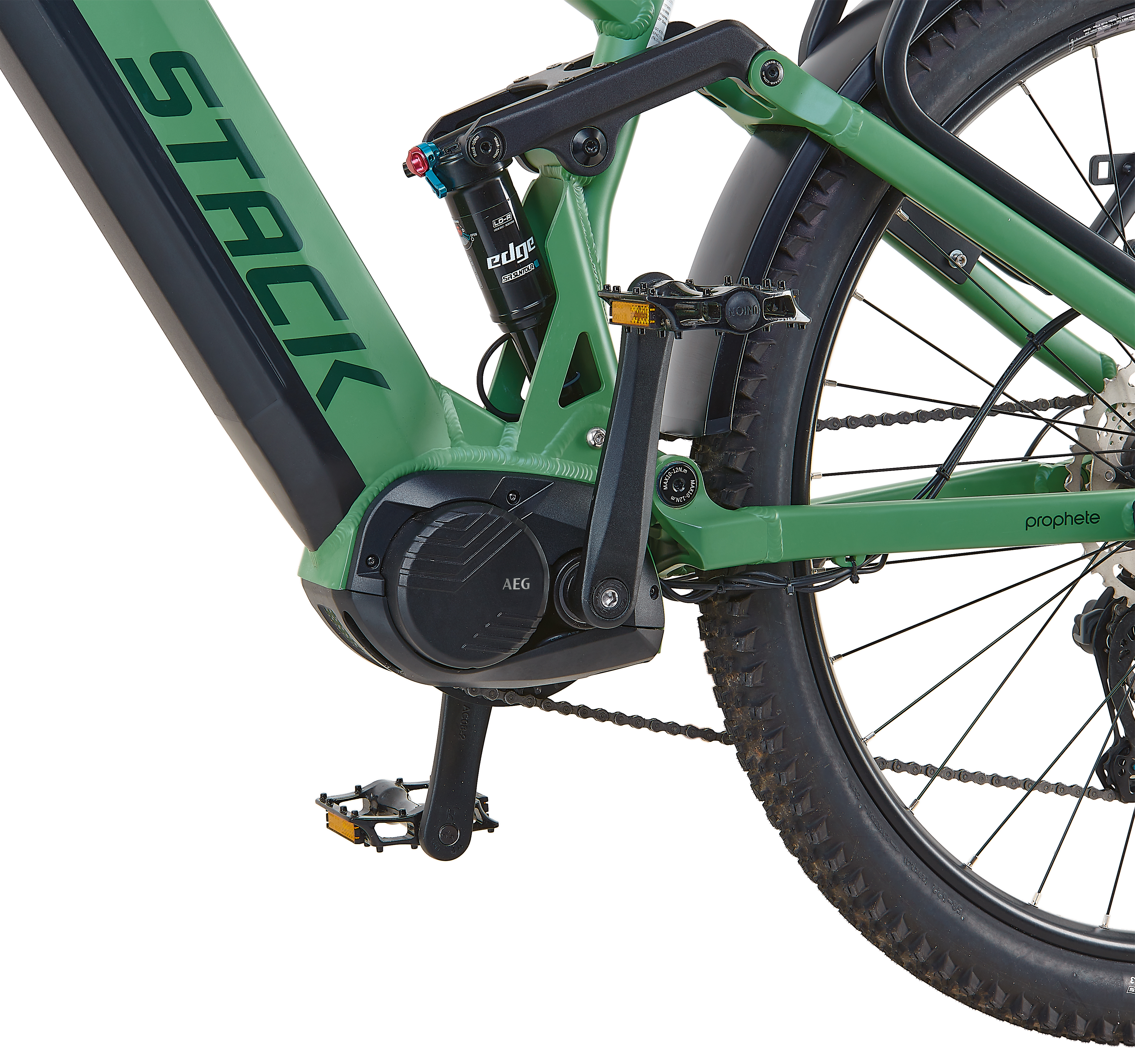 Grünes E-Bike mit schwarzem AEG-Motor, Federung und Reifen.