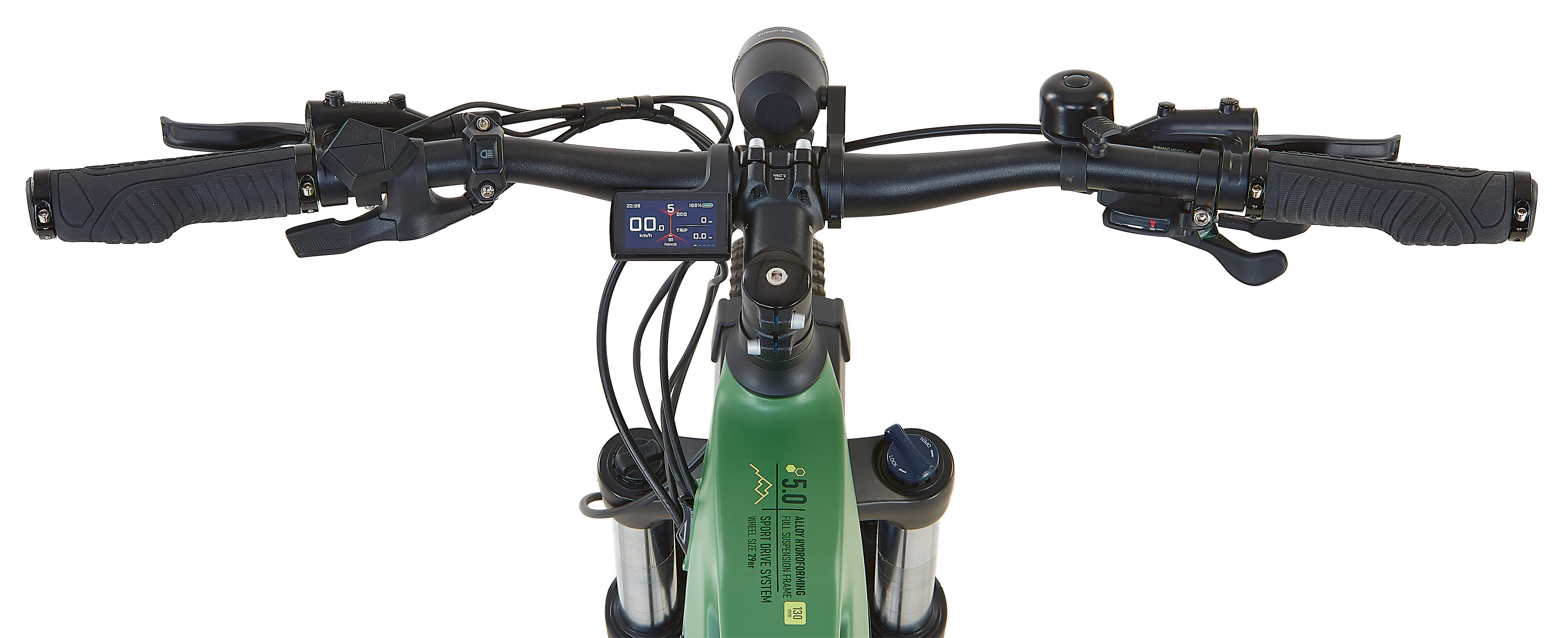 Grünes Fahrrad-Cockpit mit Display, Lenker, Klingel und Federung.