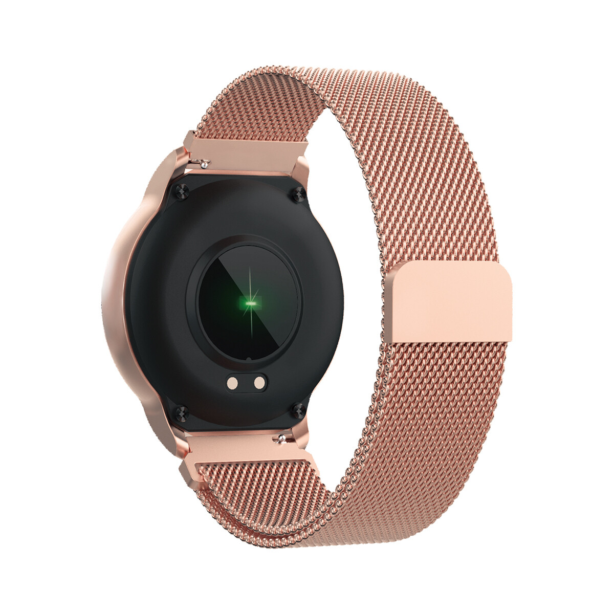 Eine roségoldene Smartwatch mit Mesh-Armband. Die Rückseite hat ein grünes Licht und Sensoren.