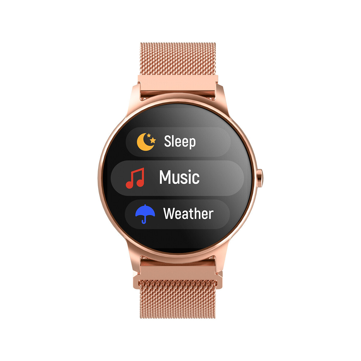 Roségoldene Smartwatch, die Schlaf-, Musik- und Wetteroptionen auf dem Bildschirm anzeigt.