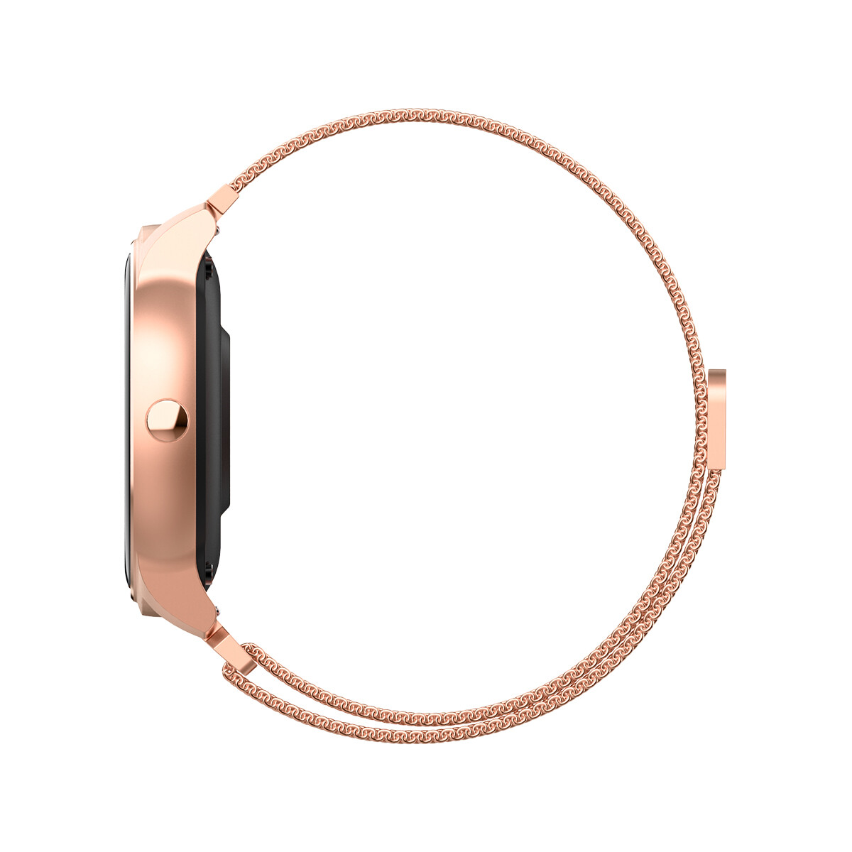 Roségoldene Smartwatch mit Mesh-Armband, Seitenansicht.