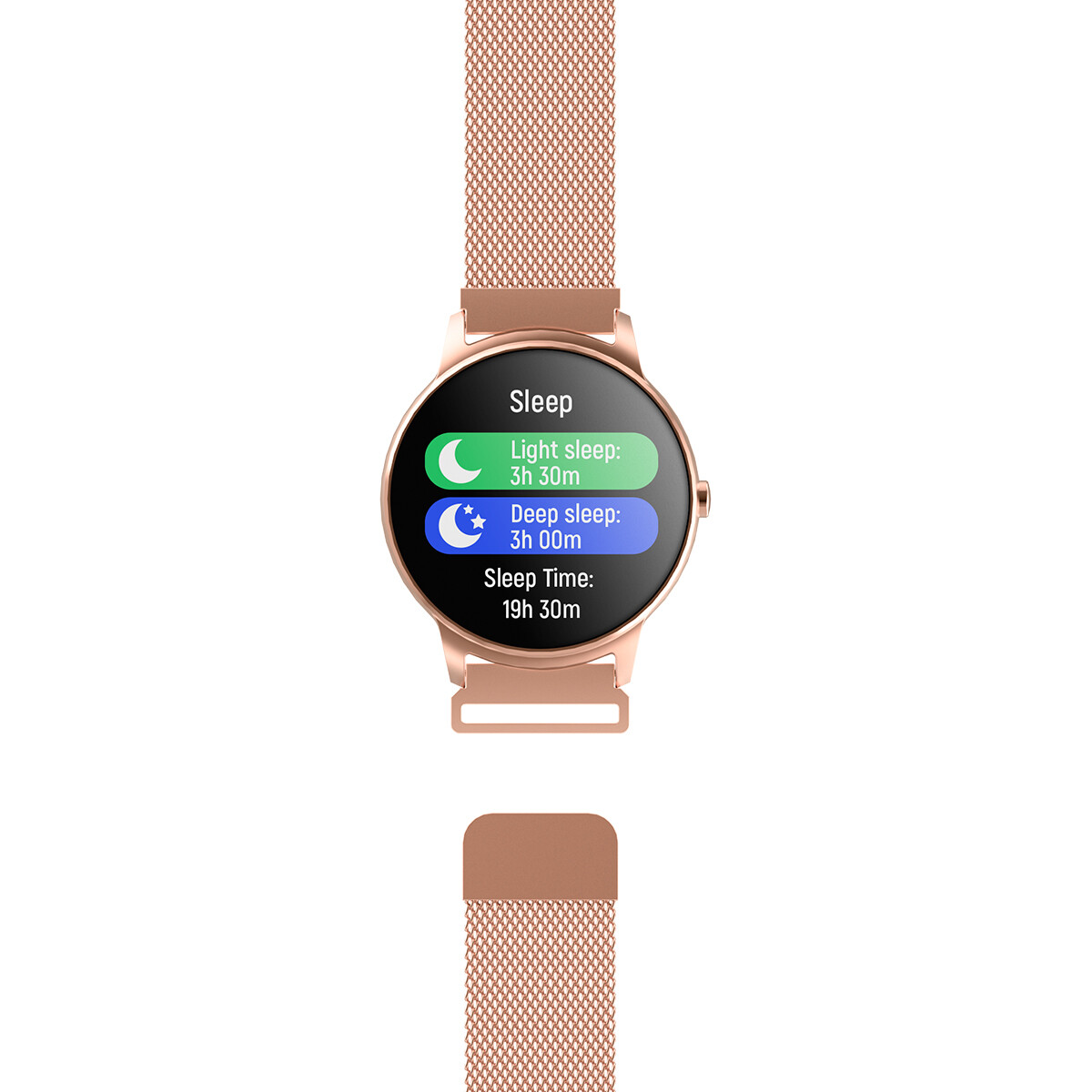Smartwatch, die Schlafphasen anzeigt, mit roségoldenem Metallarmband.