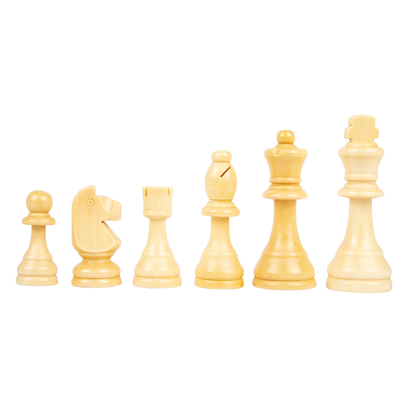 Schachfiguren in einer Reihe: Bauer, Springer, Turm, Läufer, Dame, König, alle helles Holz.
