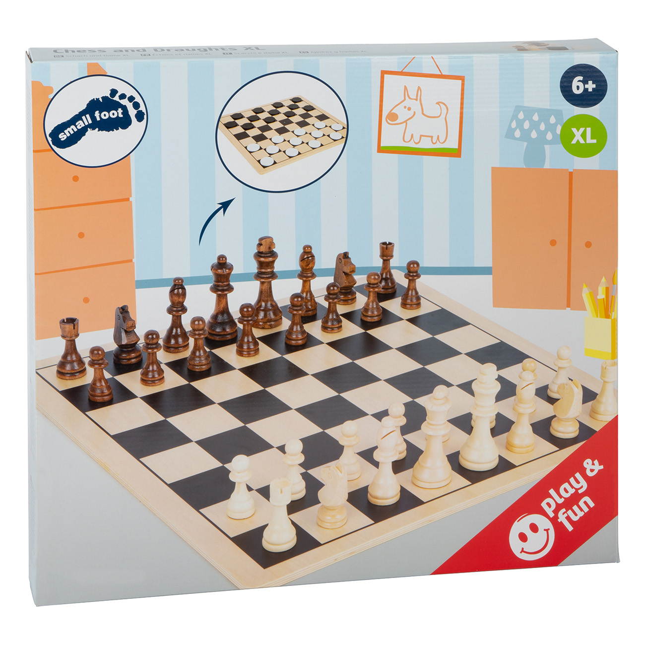 Schach- und Dame-Brettspiel-Box. Das Brett ist mit Figuren aufgebaut. Ein kleines Fußsymbol befindet sich auf der Box.