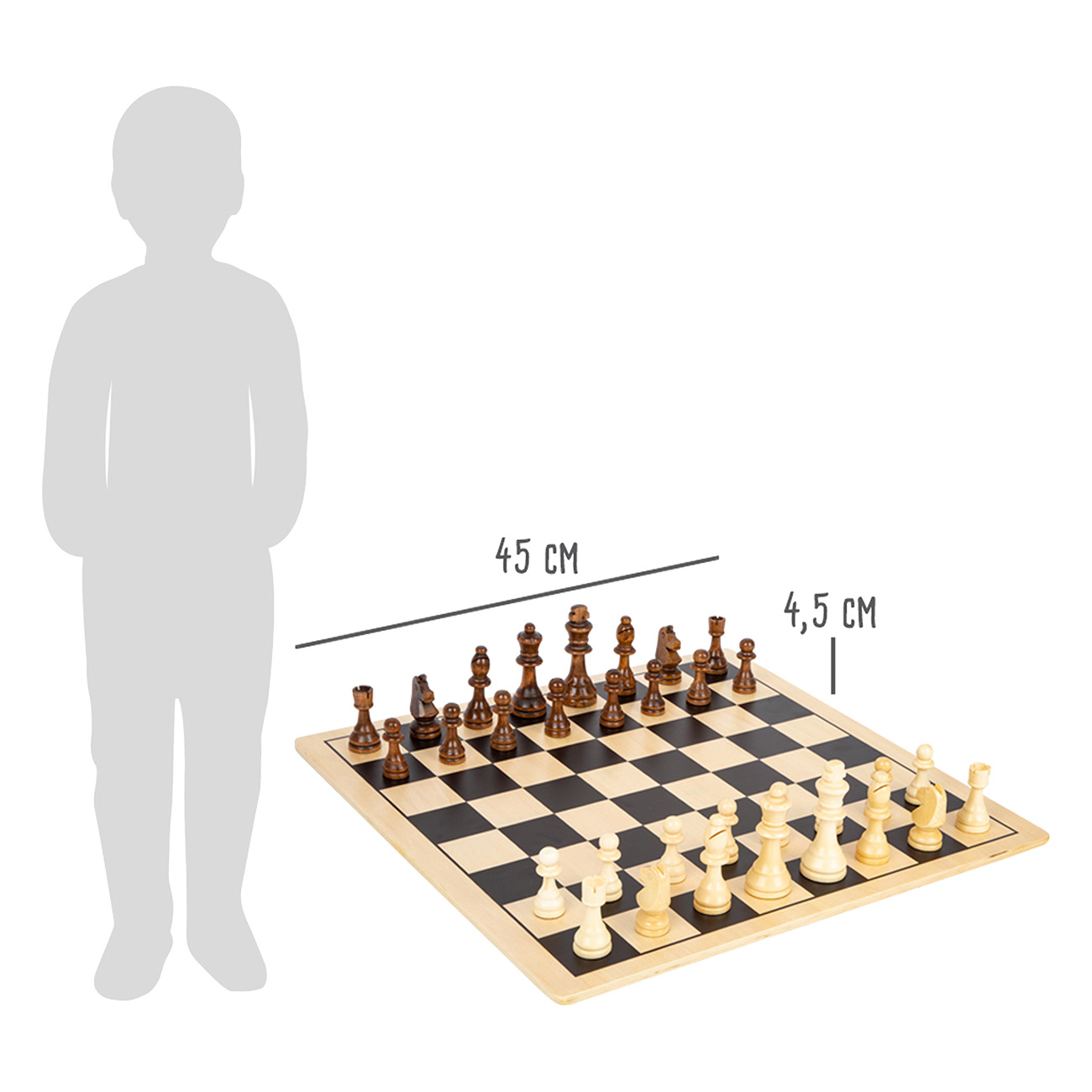 Ein Schachspiel mit aufgestellten Figuren auf einem Brett neben einer Silhouette einer Person.