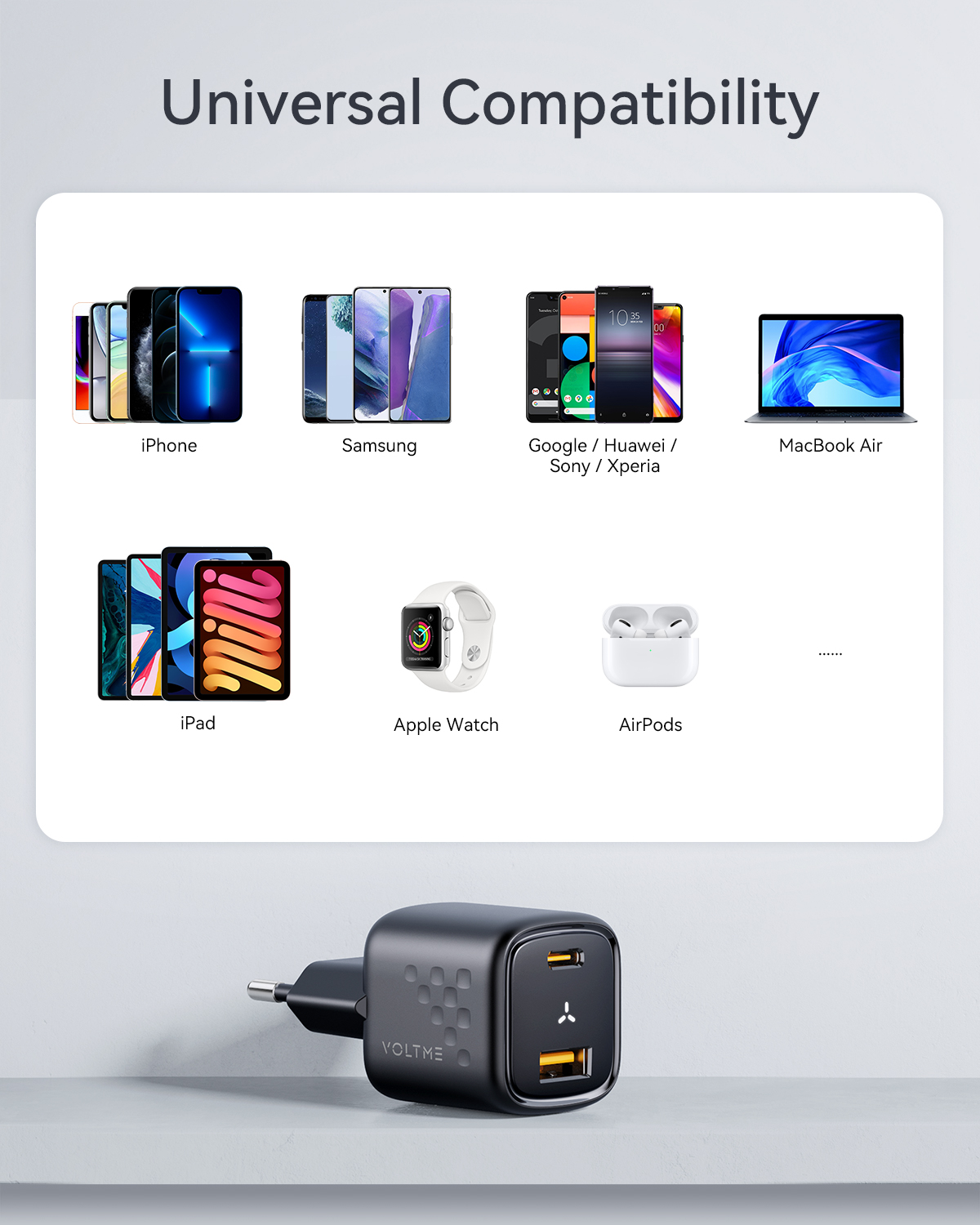 Imagen muestra la compatibilidad de un cargador con varios dispositivos: teléfonos, tabletas y accesorios. Texto: Compatibilidad universal.