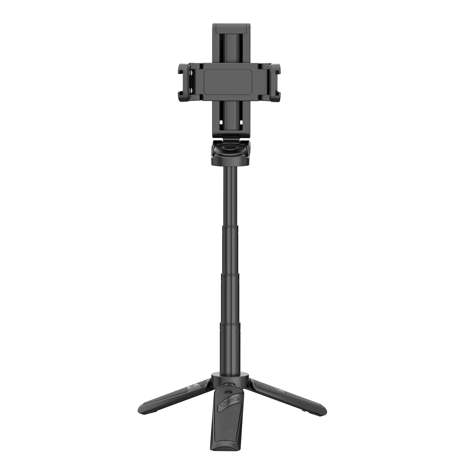 Black tripod with adjustable height, a phone holder, and a three-legged base. Isolated on white.