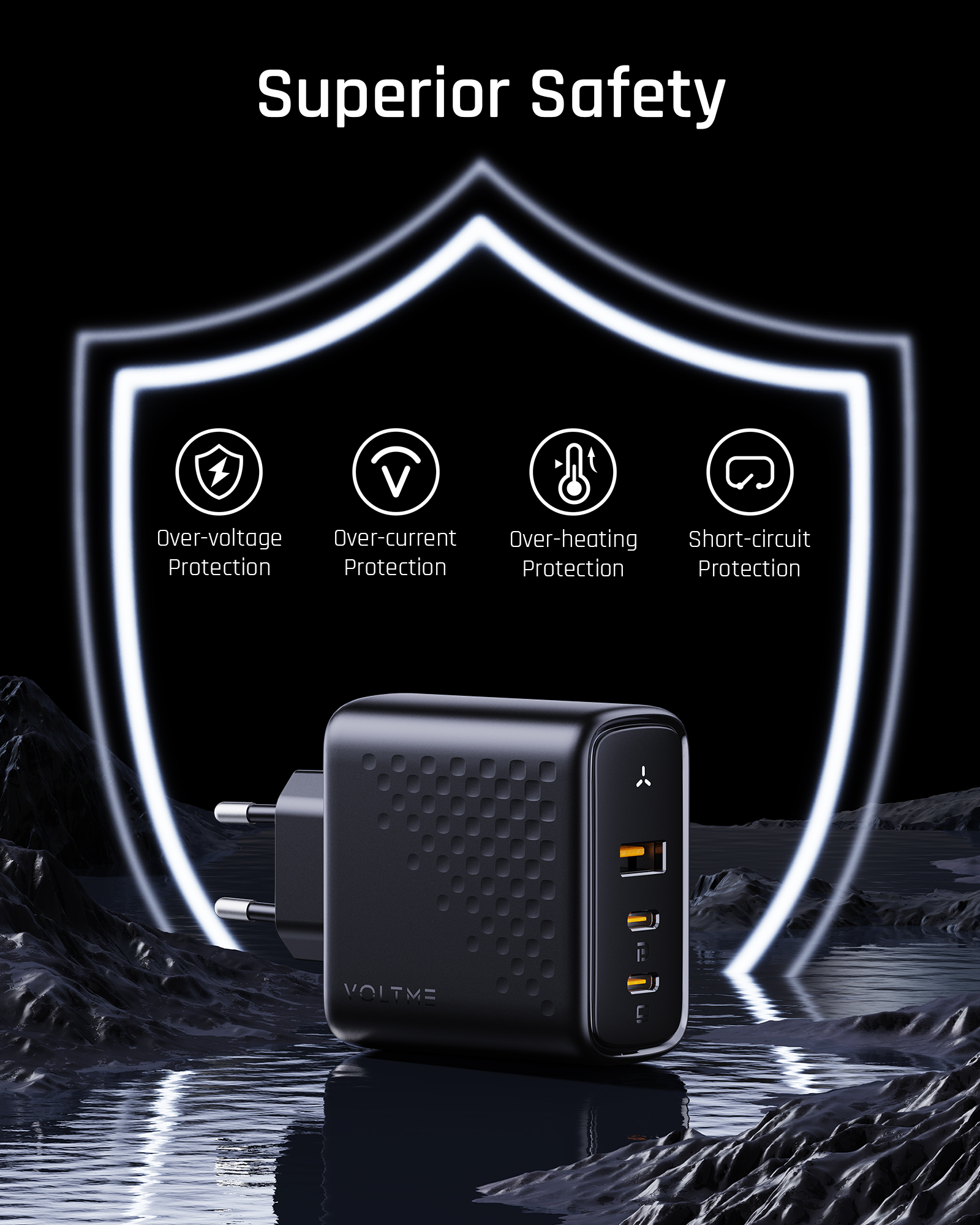 Un adaptador de corriente negro con enchufe estadounidense y múltiples puertos, con un gráfico de protección.