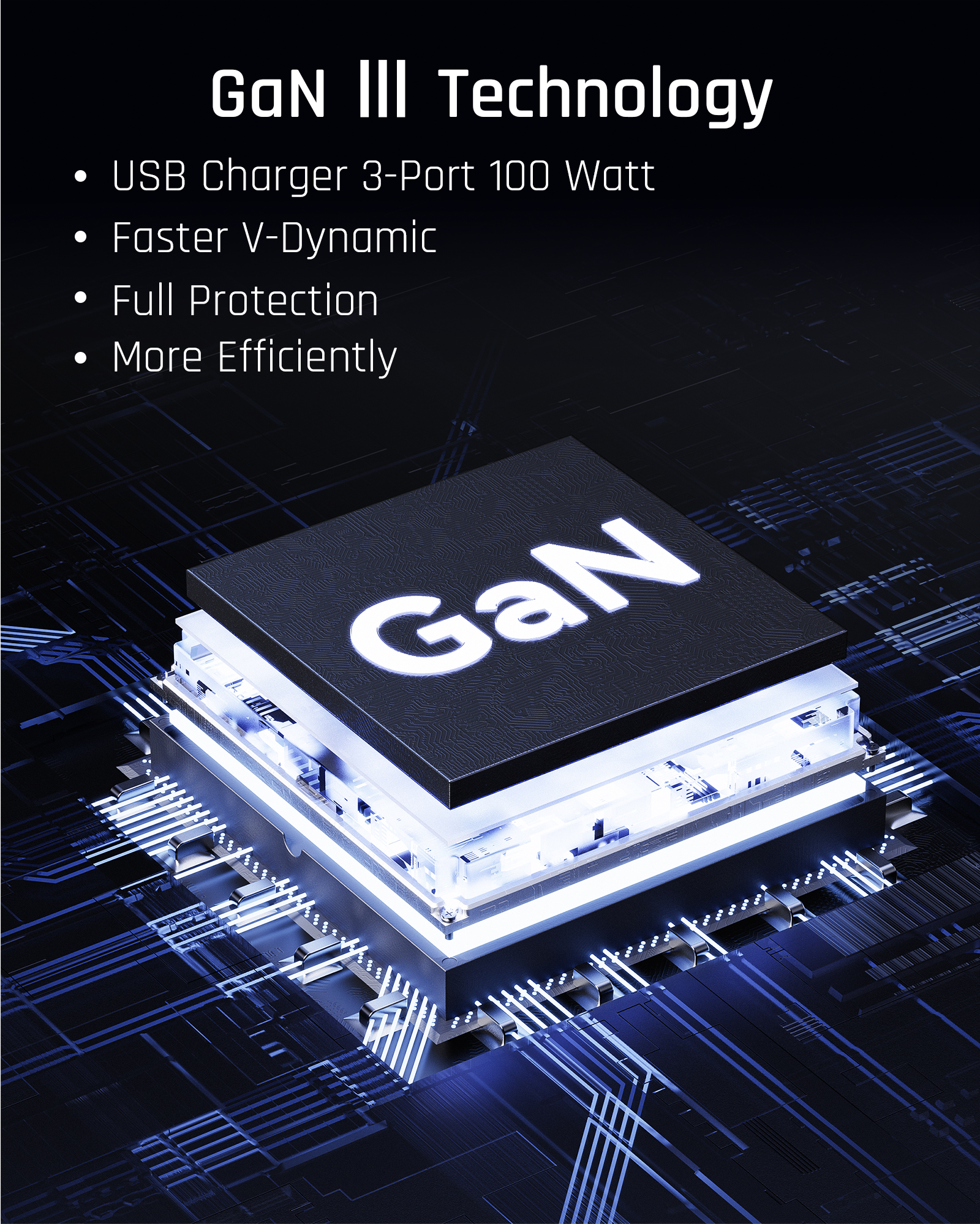 Diagrama de tecnología GaN III con chip GaN y texto sobre la tecnología.