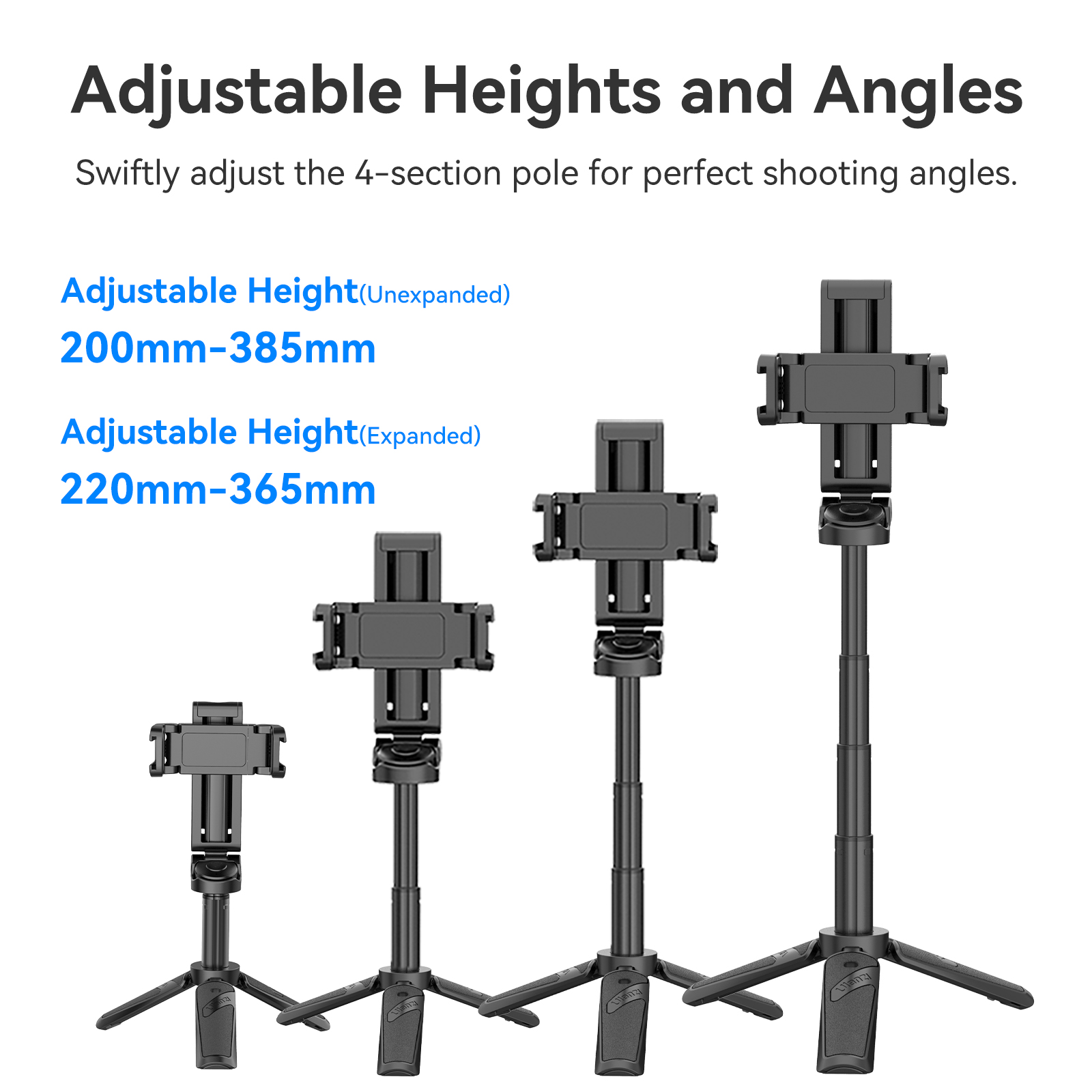 Tripods at different heights on white background. Text saying Adjustable Heights and Angles.