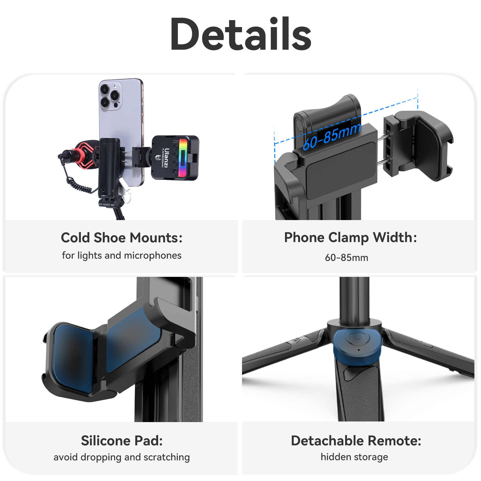 Collage of phone accessories: phone, light, clamp, and tripod details.