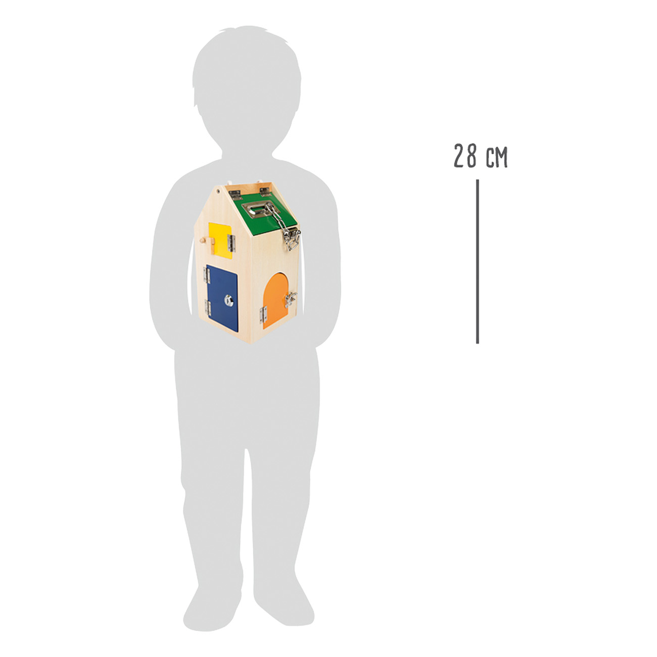 Holzhausspielzeug, das von einer Kindersilhouette gehalten wird. Das Spielzeug hat Türen und ein Schloss. 28cm daneben.