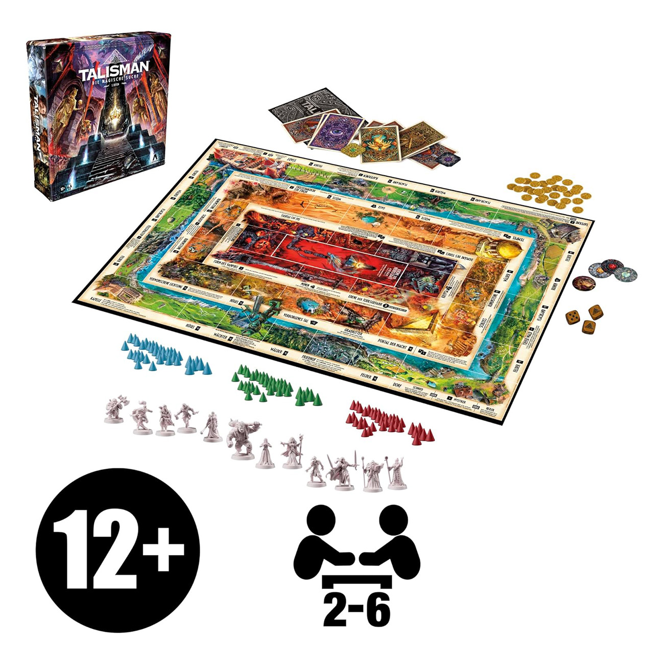 Talisman Brettspiel. Spielbrett, Karten, Marker, Würfel und Miniaturen sind ausgestellt. 12+ und 2-6 Spieler.