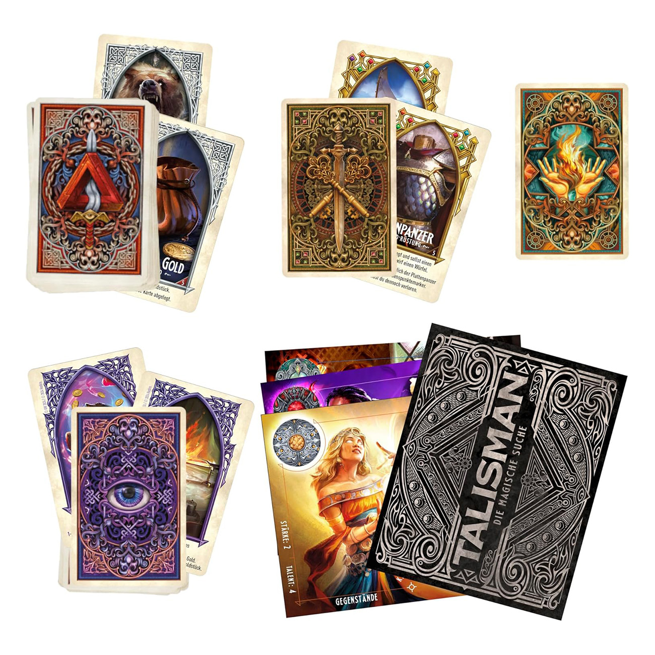 Verschiedene Fantasy-Spielkarten, darunter ein Schwert, eine Schatzkiste und ein magisches Auge, mit Text.