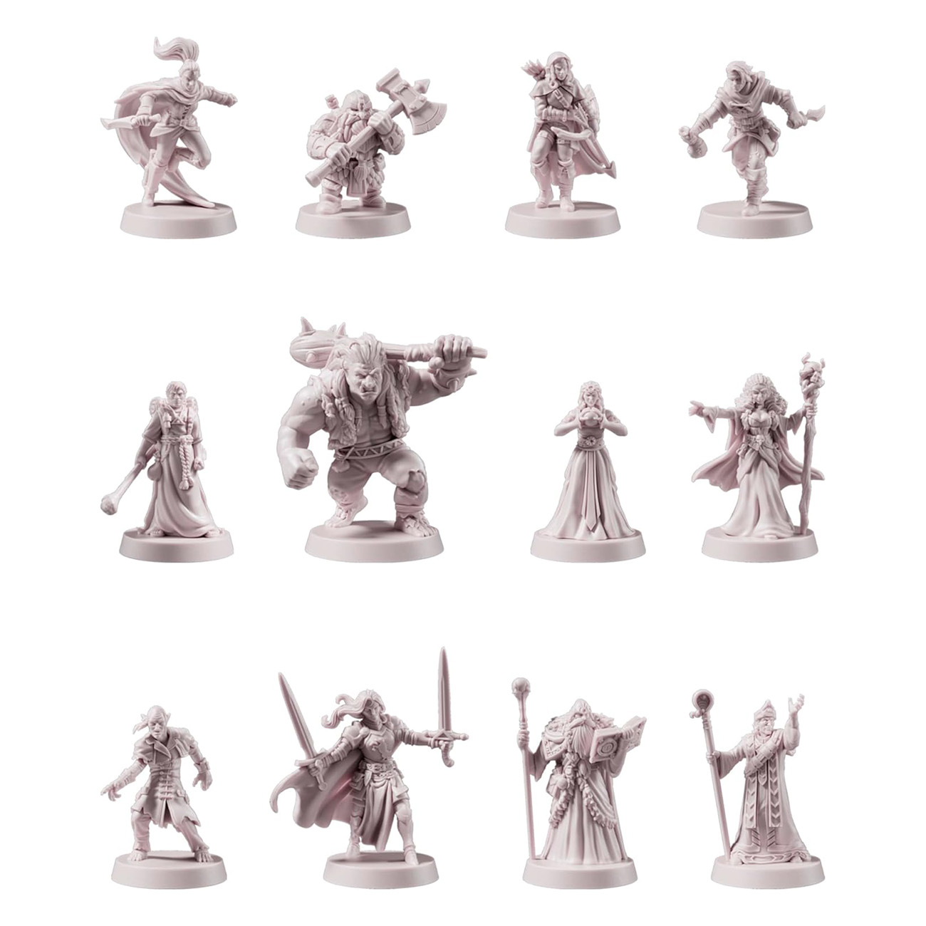 Miniatur-Fantasy-Spielfiguren in verschiedenen Posen, darunter Krieger und Zauberer.