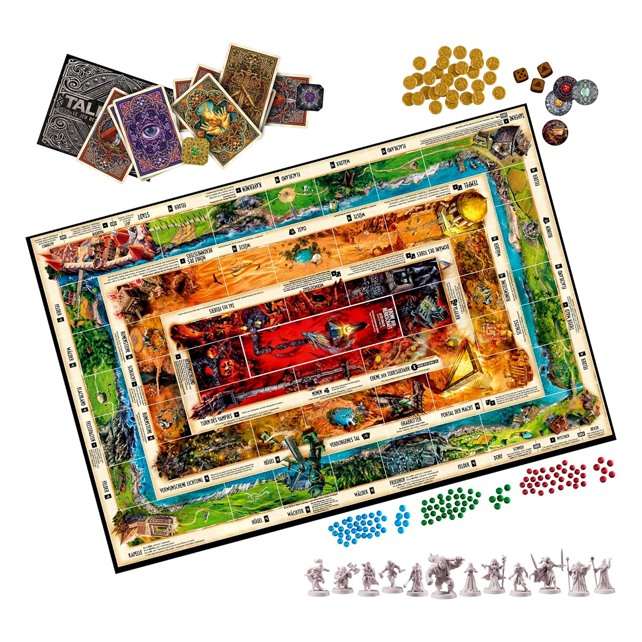 Ein Brettspiel mit Karten, Münzen, Würfeln, Figuren und einem Spielbrett. Weißer Hintergrund.