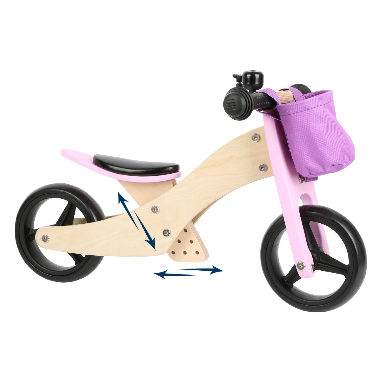 Ein rosa hölzernes Laufrad mit lila Korb und schwarzen Reifen, mit Pfeilen, die Anpassungen anzeigen.