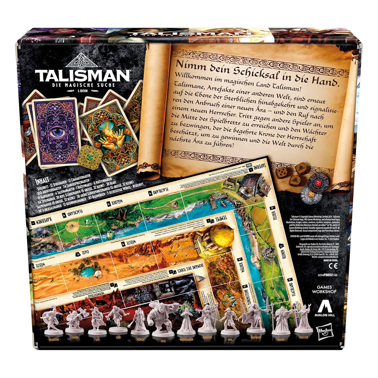 Die Rückseite einer Brettspielbox mit Bildern von Karten, dem Spielbrett und Figuren.