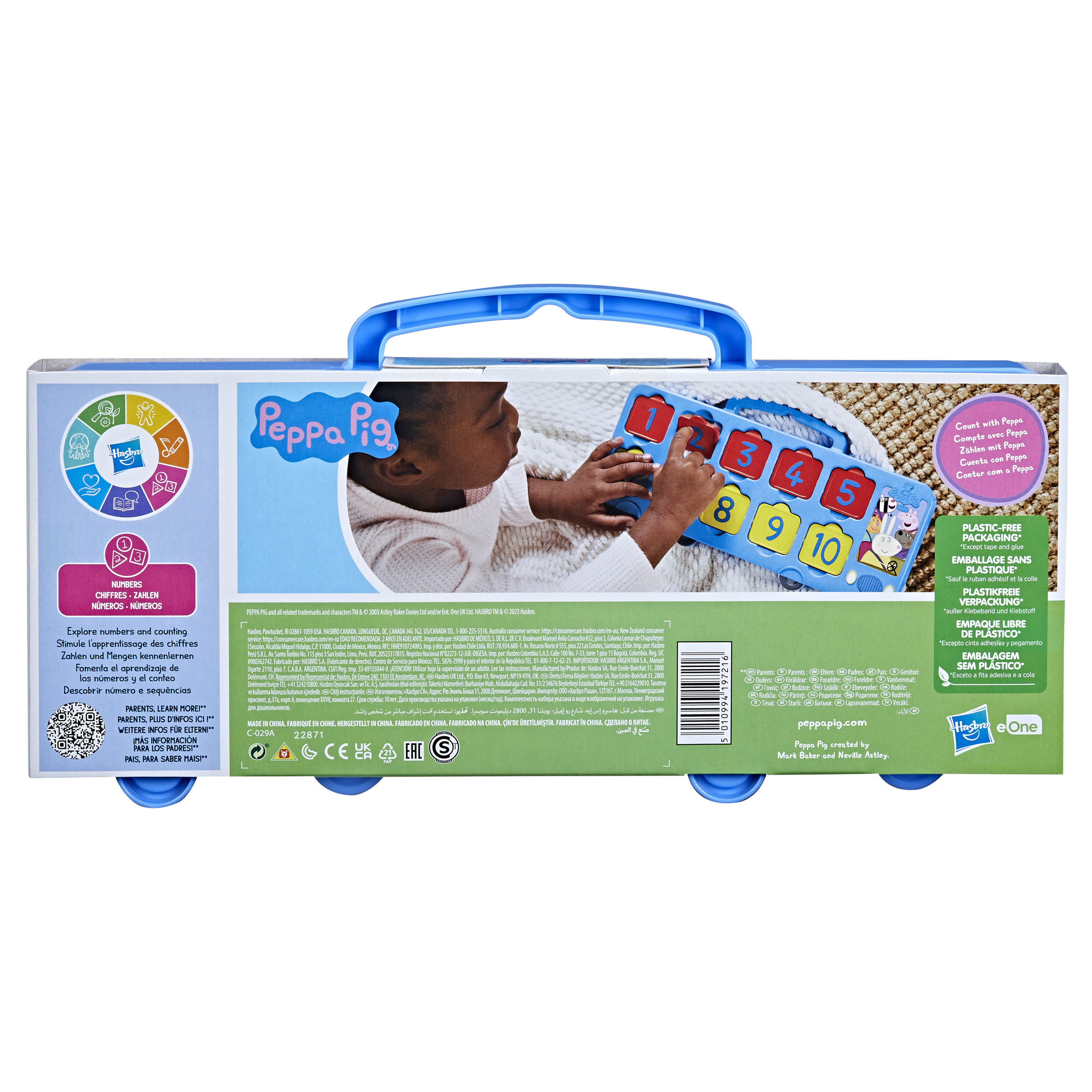 Peppa Pig Spielzeugkoffer mit Zahlen und Buchstaben. Rückseite des Koffers mit Text und Illustrationen.