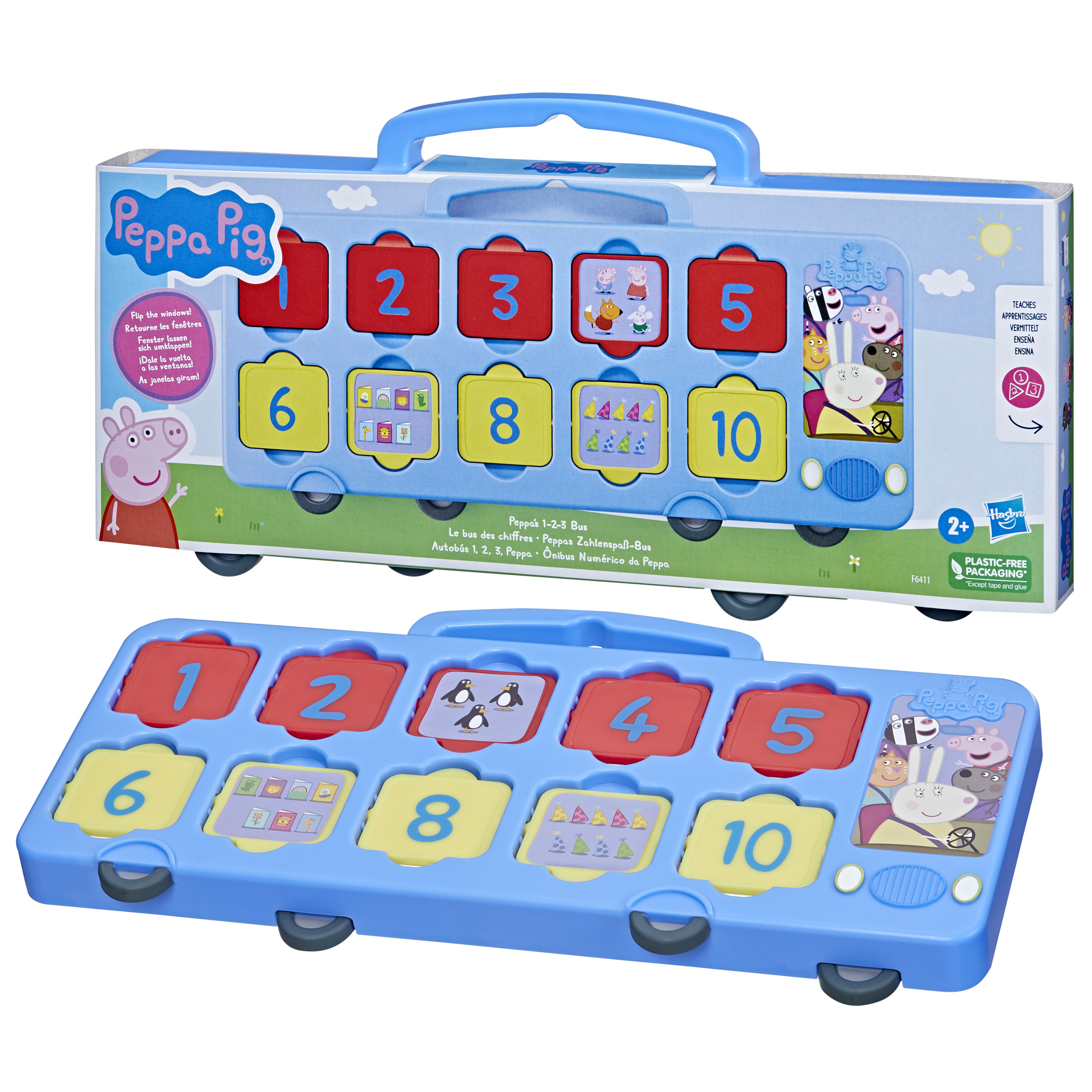 Ein Peppa Wutz Spielzeugbus mit Zahlen. Die Verpackung ist oben. Die Zahlen sind in einer blauen Busform.
