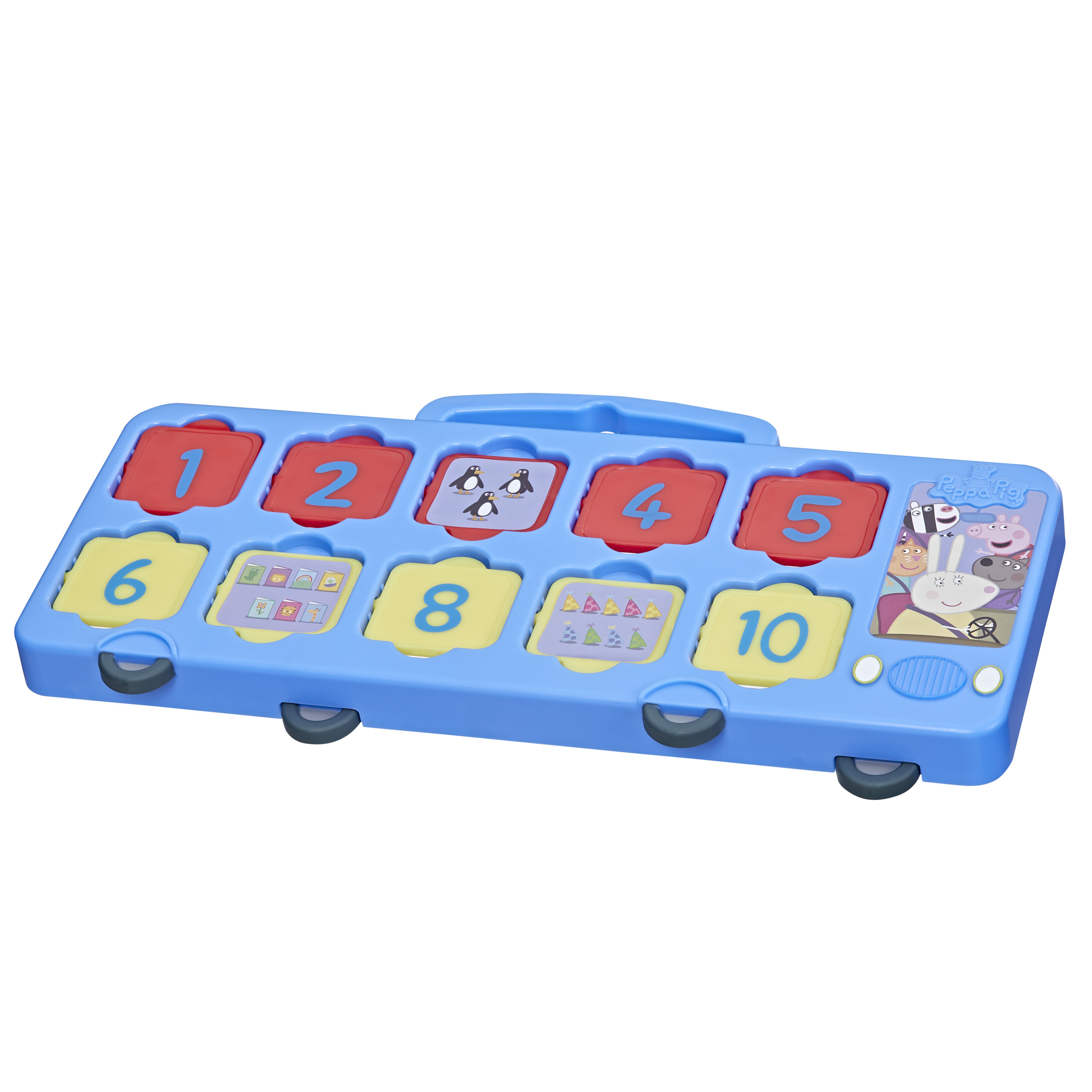 Ein blaues Spielzeugbus mit nummerierten Quadraten. Die Quadrate enthalten Zahlen, Pinguine und ein Peppa Wutz Bild.