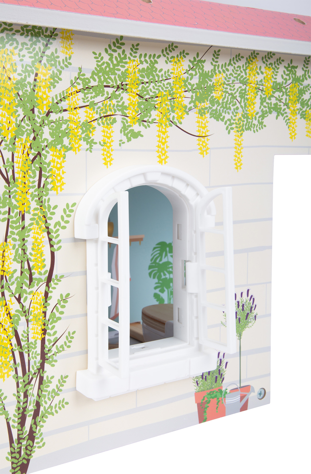 Puppenhausfassade mit Fenster, blühenden Weinreben und Lavendeltöpfen.