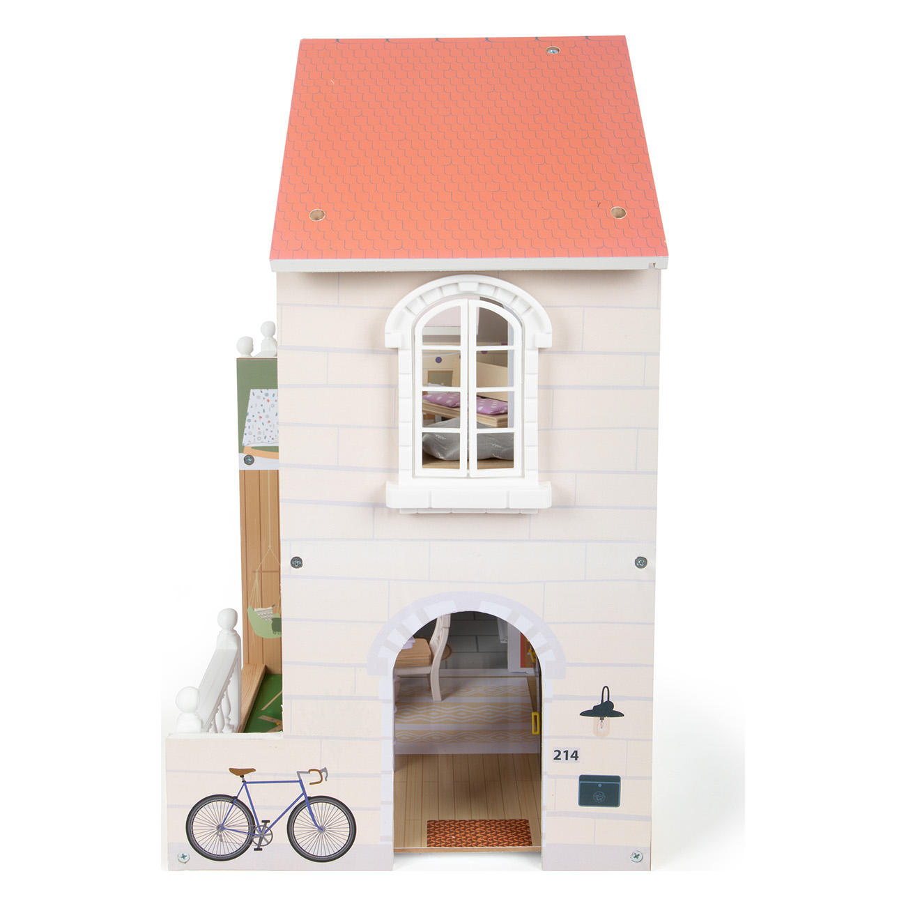 Ein Puppenhausmodell mit einer Hausfassade, mit einem Fahrrad und Details.