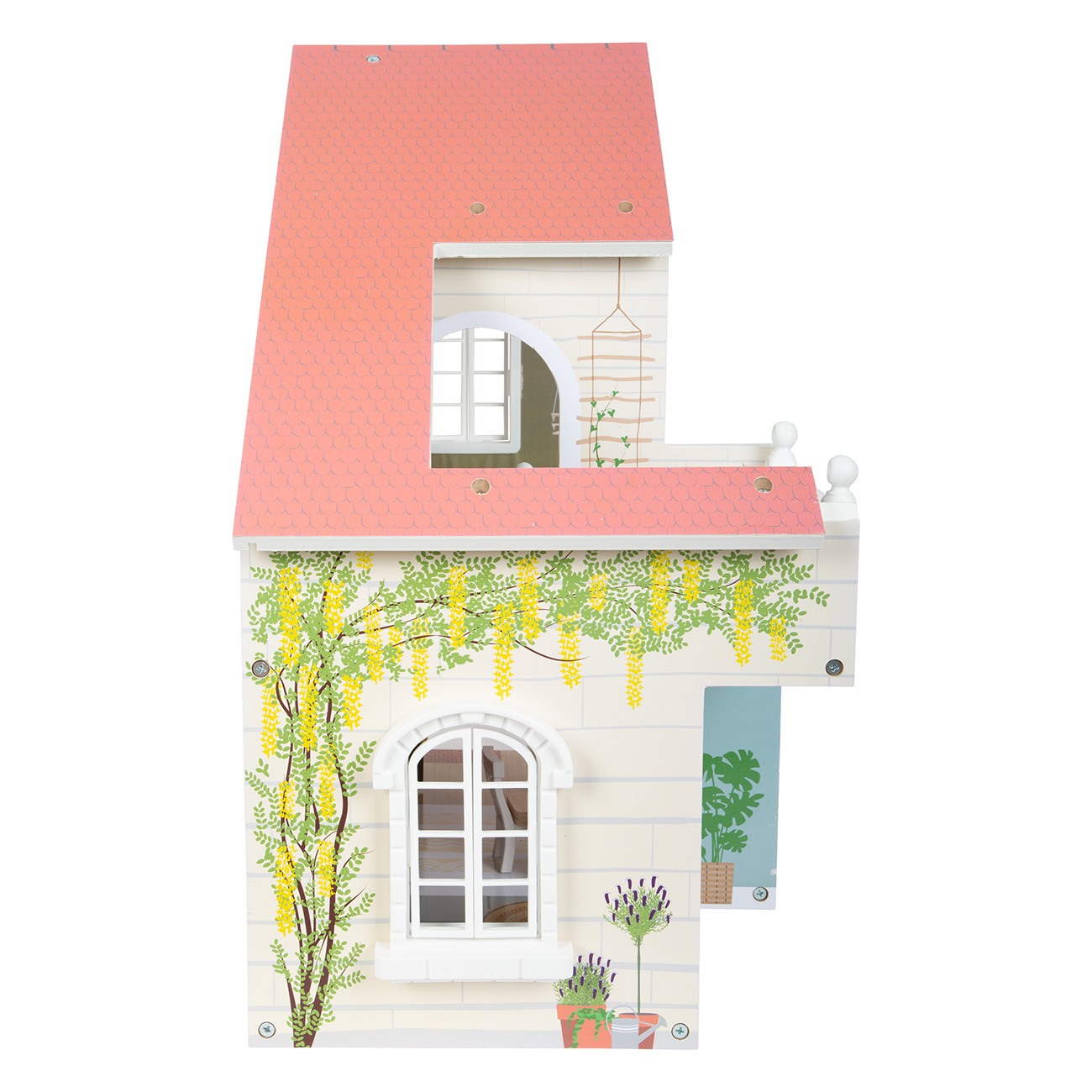 Ein detailliertes Puppenhaus mit rosa Dach, weißen Wänden und dekorativen Pflanzen.