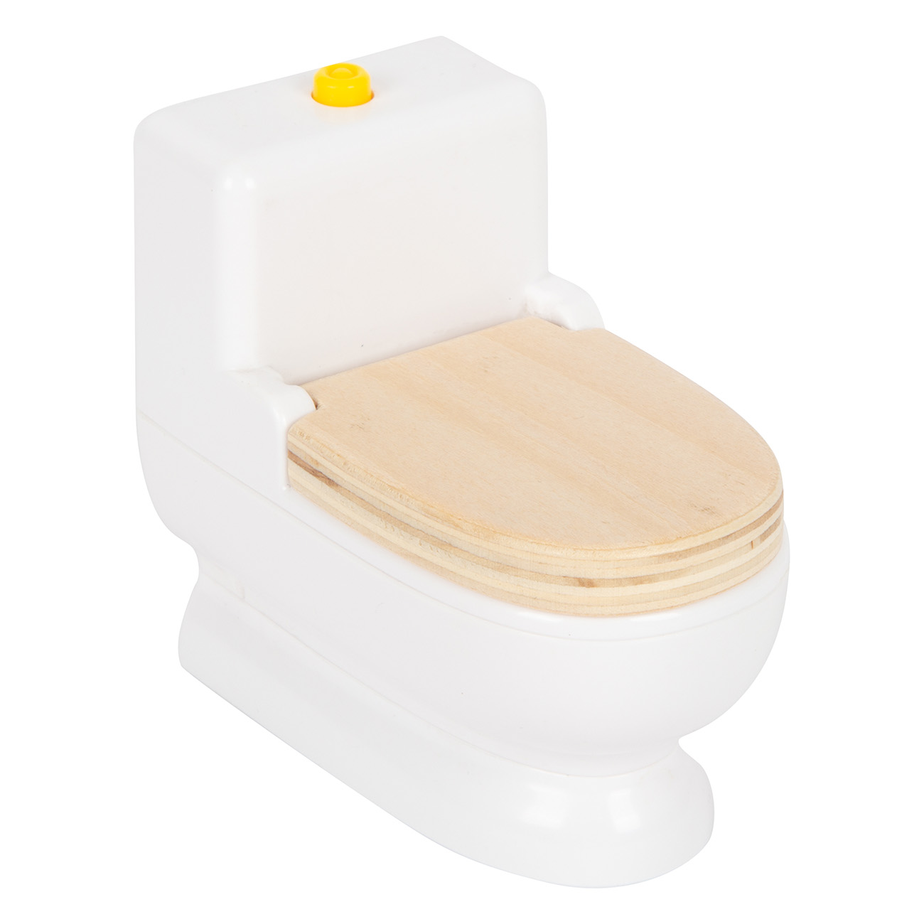 Eine weiße Toilette mit Holzbrille und gelber Spültaste.