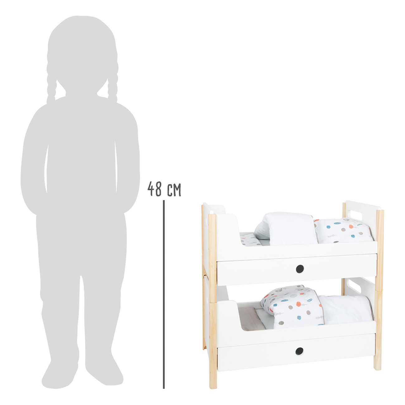 Ein Etagenbett mit einer Personensilhouette daneben, mit einer Linie, die 48 cm anzeigt.