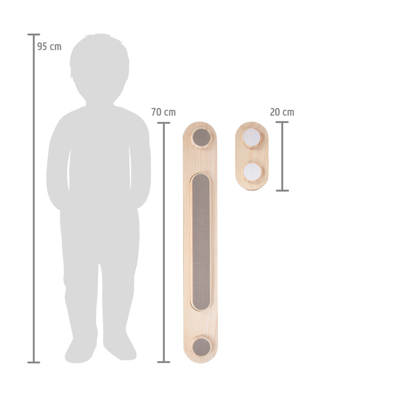 Silhouette di un bambino accanto a mobili in legno. Le dimensioni sono indicate per i mobili.