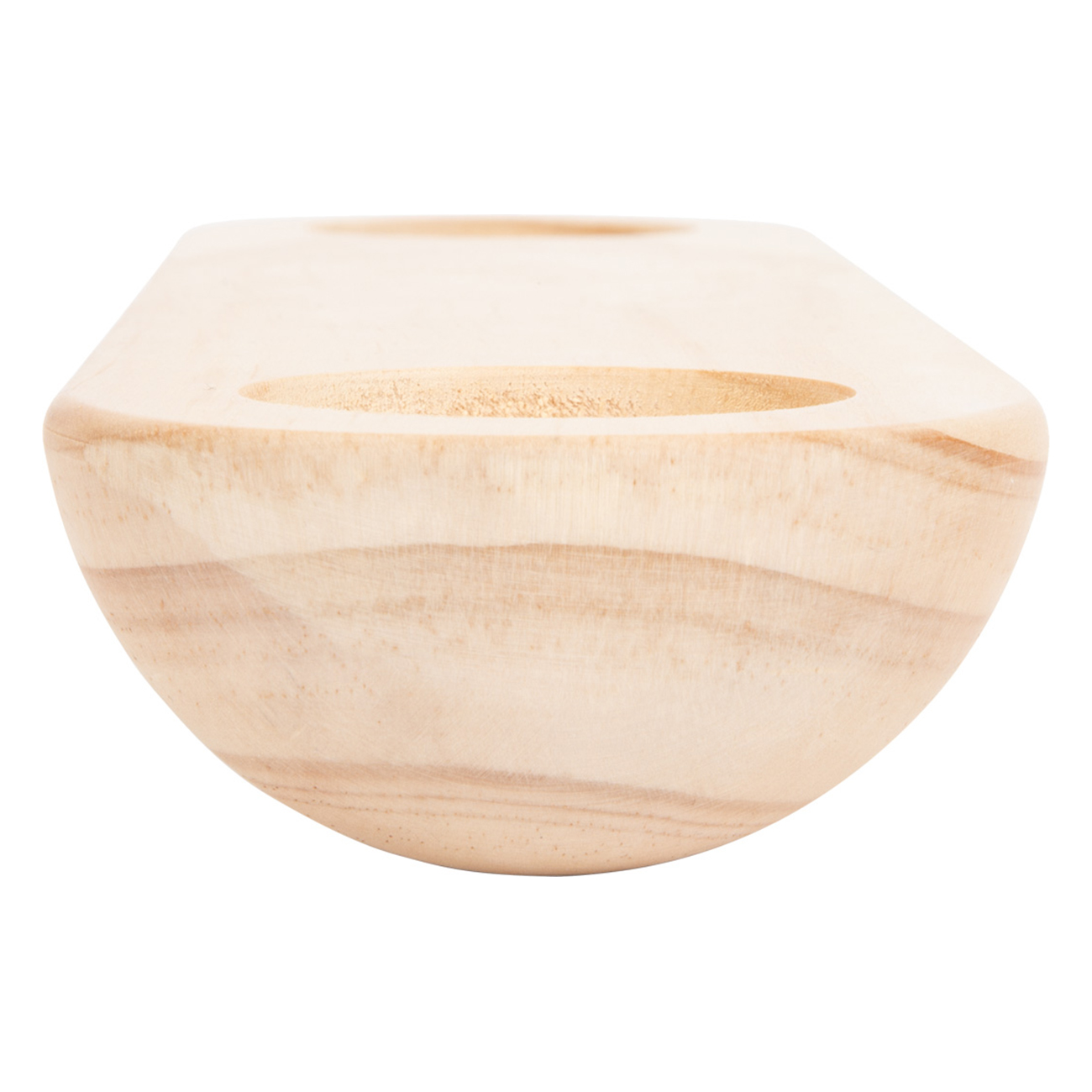 Un oggetto curvo in legno, di colore chiaro, con due fori sulla parte superiore. Ha una forma liscia e organica.