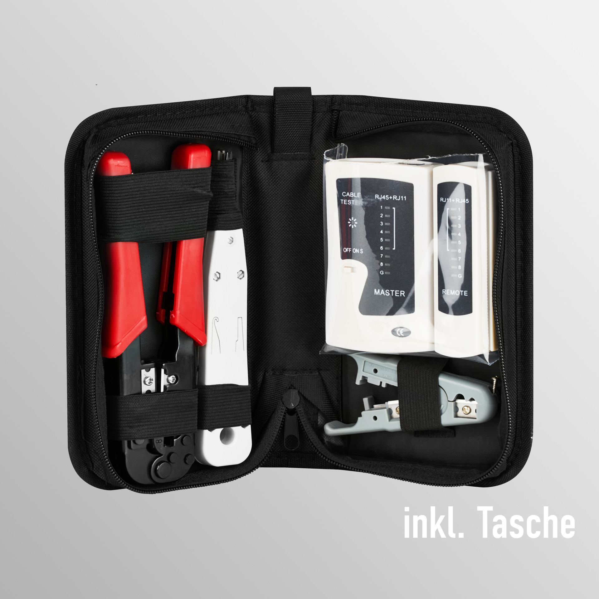 Offene schwarze Tasche mit Werkzeugen: Crimpzange, RJ45-Werkzeug, Kabeltester. Alle Werkzeuge sind ordentlich angeordnet.