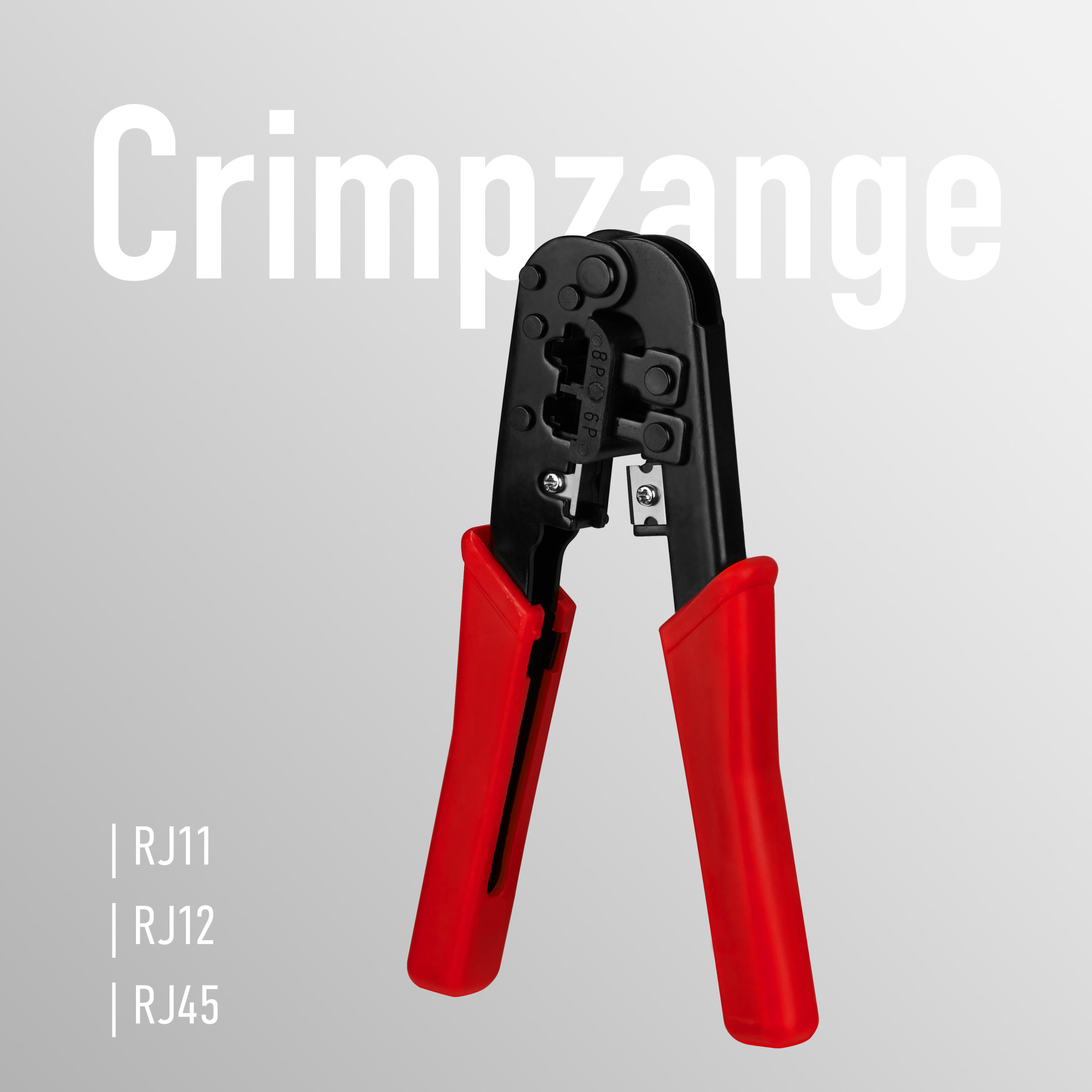 Crimpzange. Rote Griffe und schwarzer Kopf, mit RJ11, RJ12 und RJ45 Beschriftungen. Weißer Hintergrund.