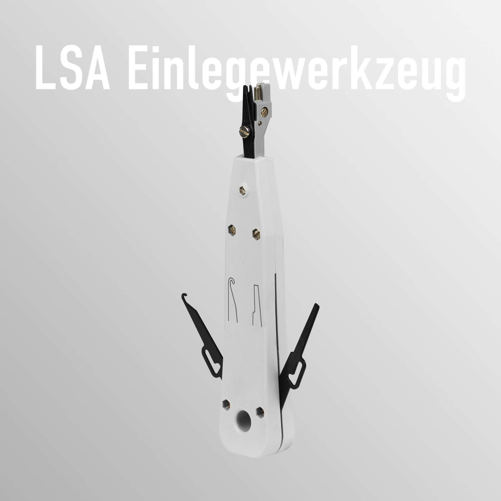 Weißes LSA-Einlegewerkzeug mit schwarzen Klingen, ein professionelles Werkzeug auf weißem Hintergrund.