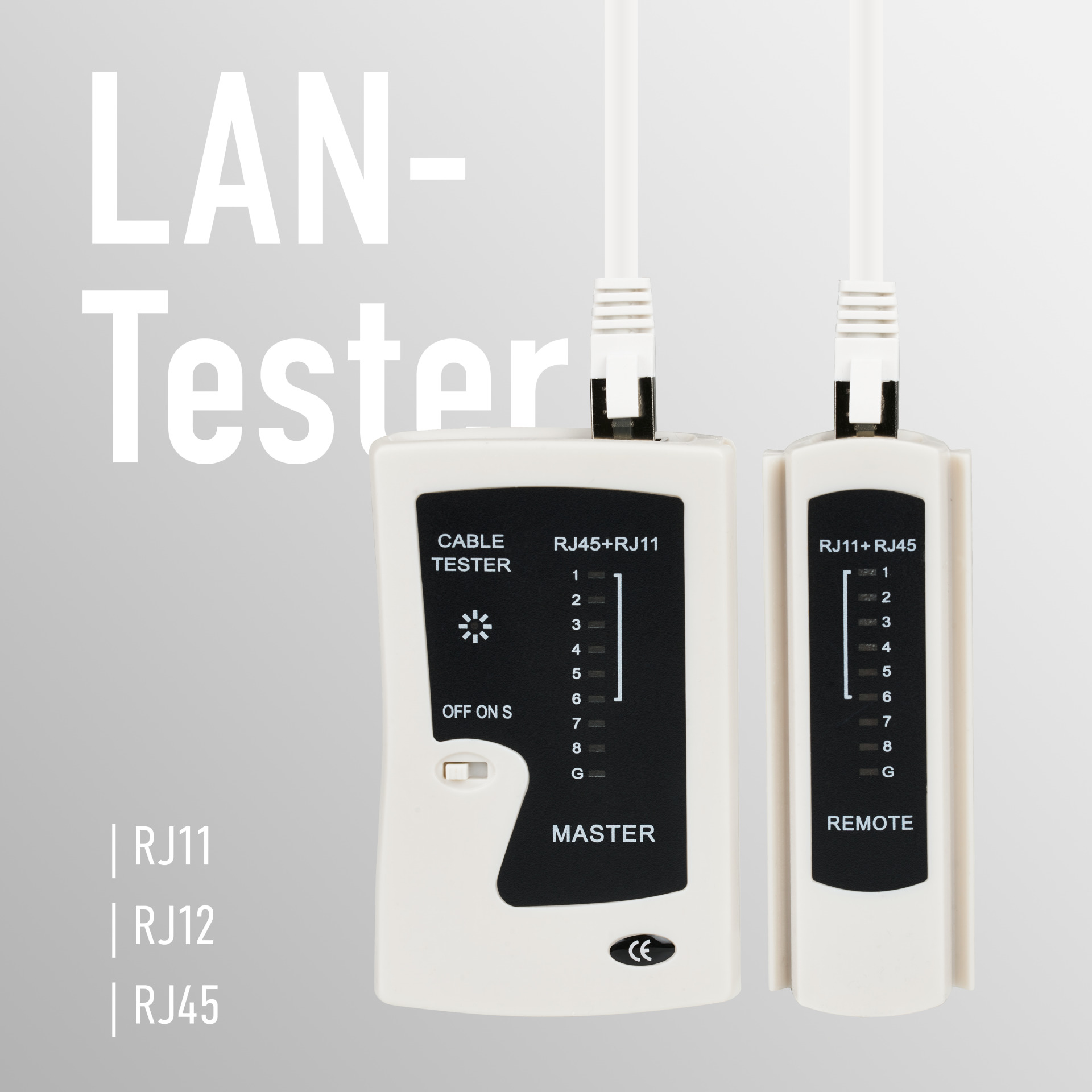 Weißes Netzwerkkabel-Testgerät mit zwei Enden, verbunden mit Kabeln. Text-Overlay: LAN-Tester.