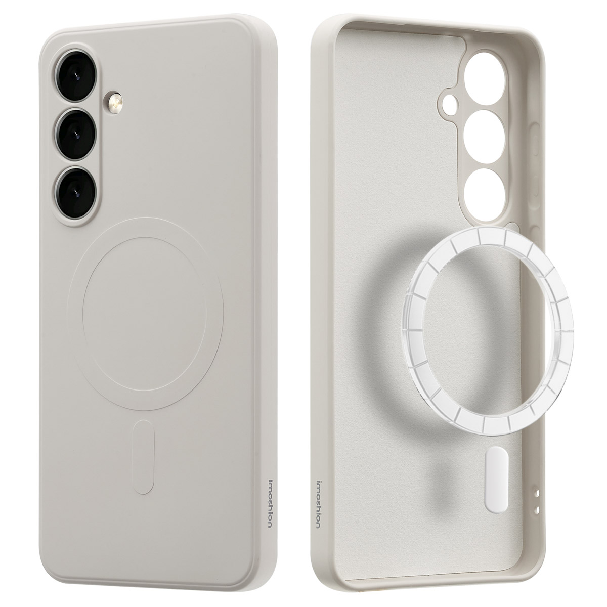 Une coque de téléphone gris clair avec un téléphone et un anneau magnétique sur fond blanc.