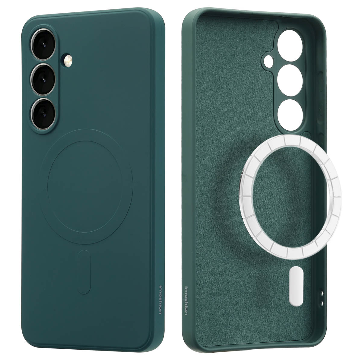 Coque de téléphone vert foncé, vues avant et arrière. Le fond est blanc.