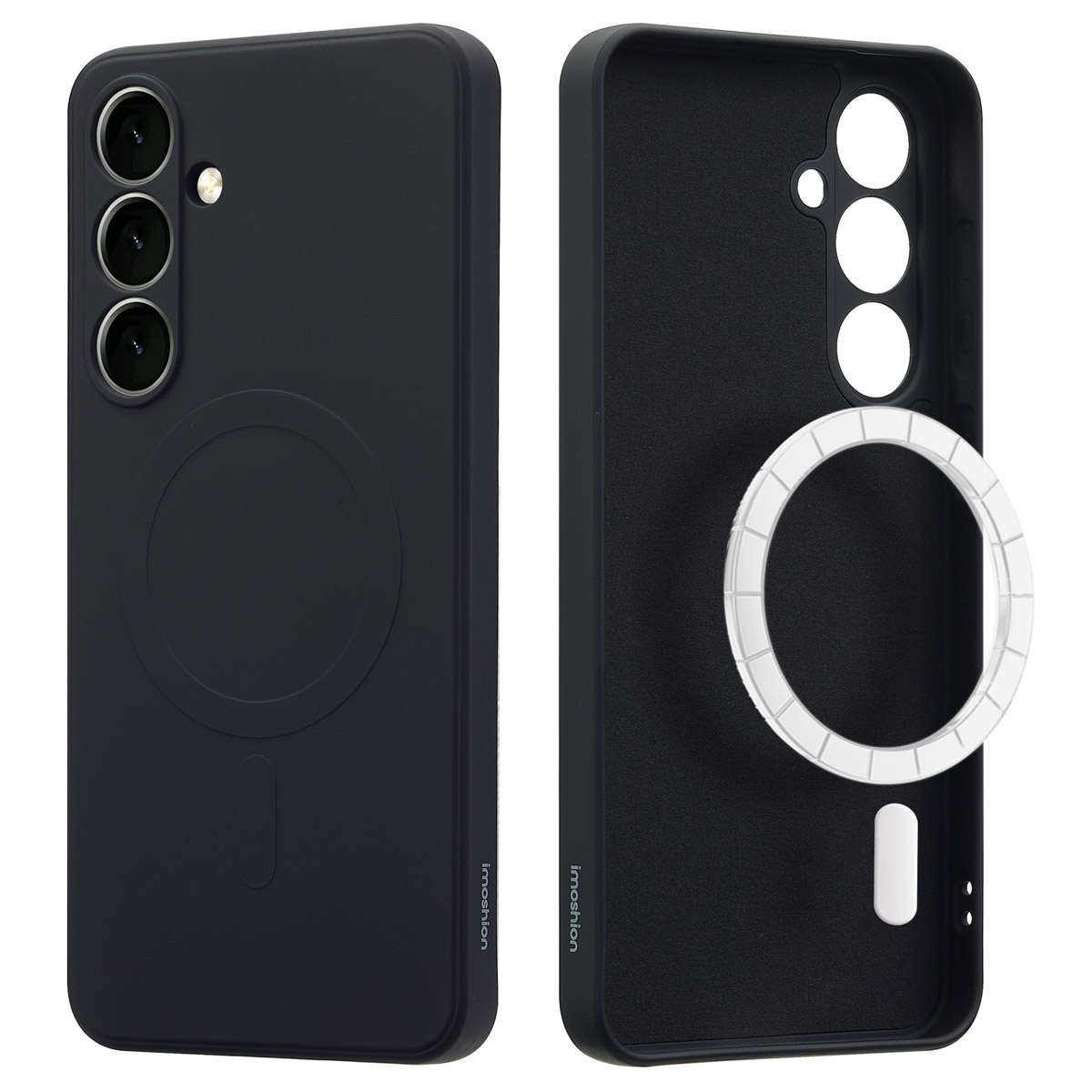 Twee zwarte telefoonhoesjes. Eén toont de buitenkant, de andere de binnenkant met een cirkel en een streep.